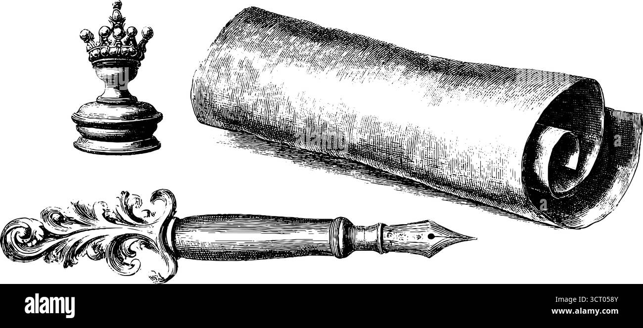 Gotisches Kalligraphieset: Gravierte Illustration von Pinsel, Rolle und Krone für Vintage-Design. Stock Vektor