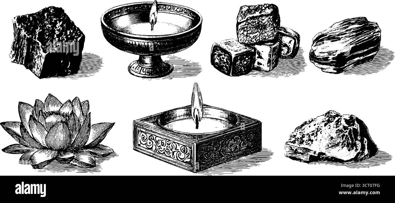 Gravierte Illustrationen aus Chakra-Steinen und Kerzen für ganzheitliches Design und Meditation. Stock Vektor