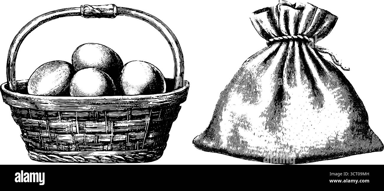 Gravierte Illustrationen aus Bauernkorb und Sacksack für Vintage-Designs. Stock Vektor