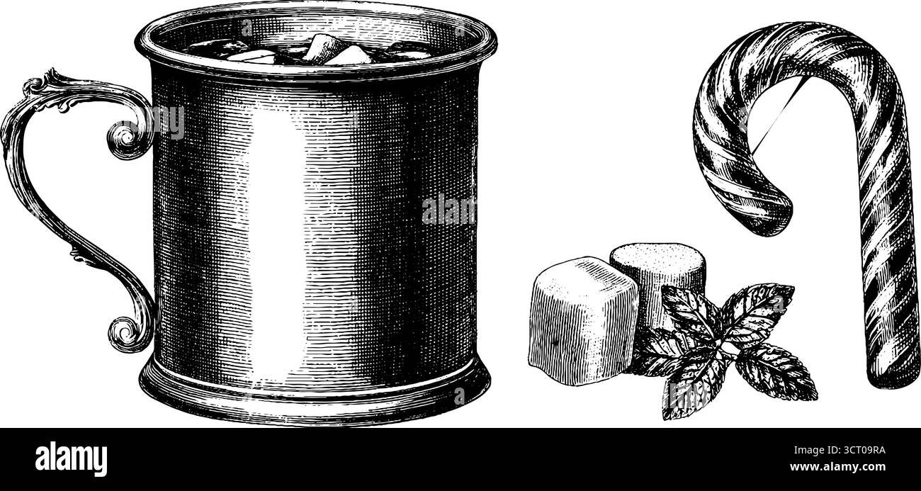 Vintage-gravierte Illustration eines Bechers mit heißer Schokolade mit Zuckerrohr und Marshmallows. Stock Vektor