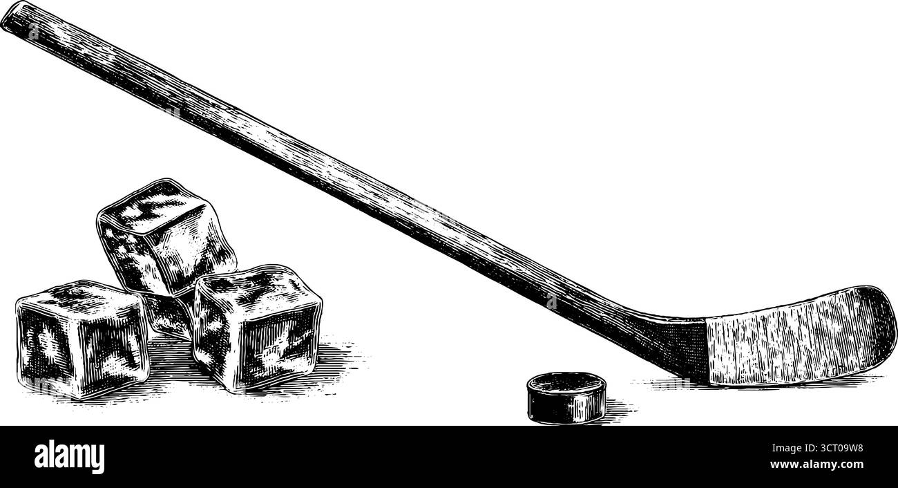 Vintage-Eishockeyschläger und Puck-Gravur mit Eisblöcken - Retro-Sportkonzept. Stock Vektor