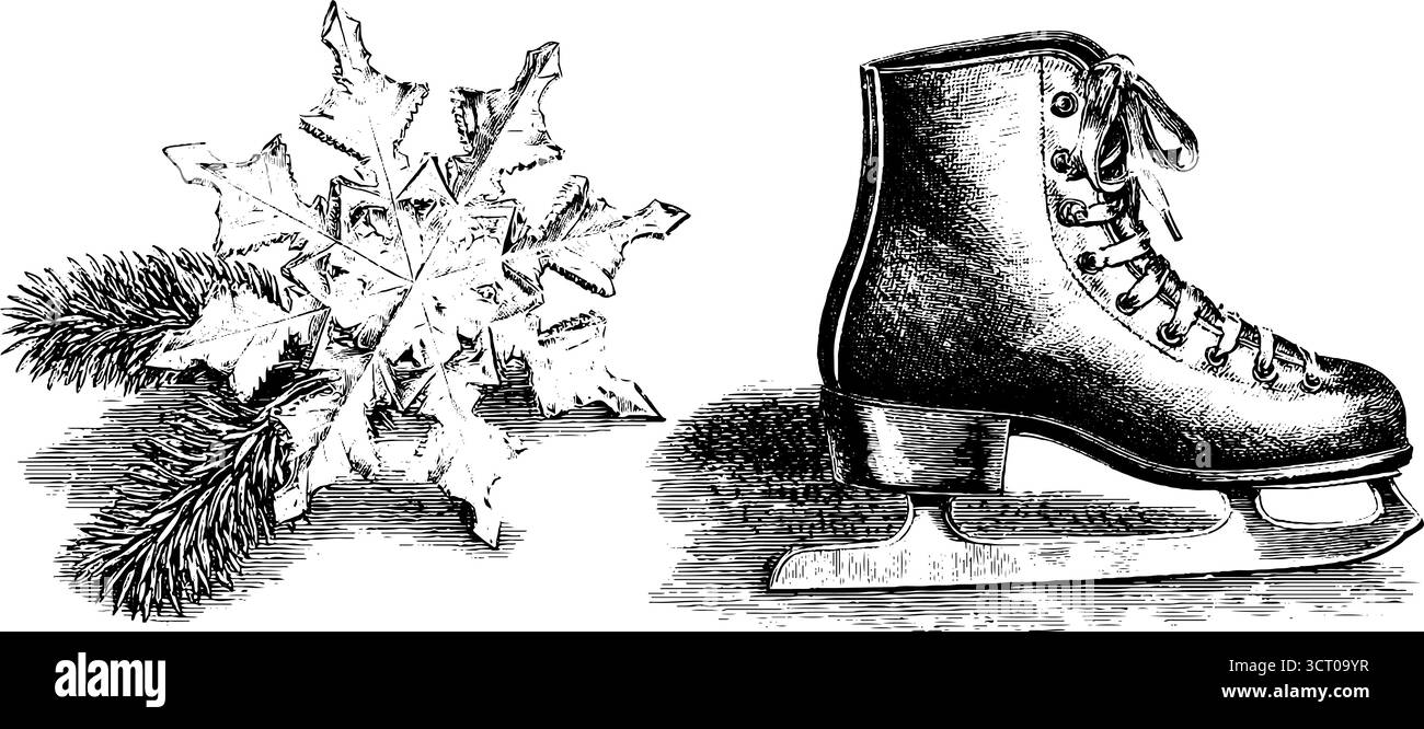 Winterszene mit Schlittschuhlaufen und Schneeflockengravur - perfekt für Urlaubsdesign. Stock Vektor