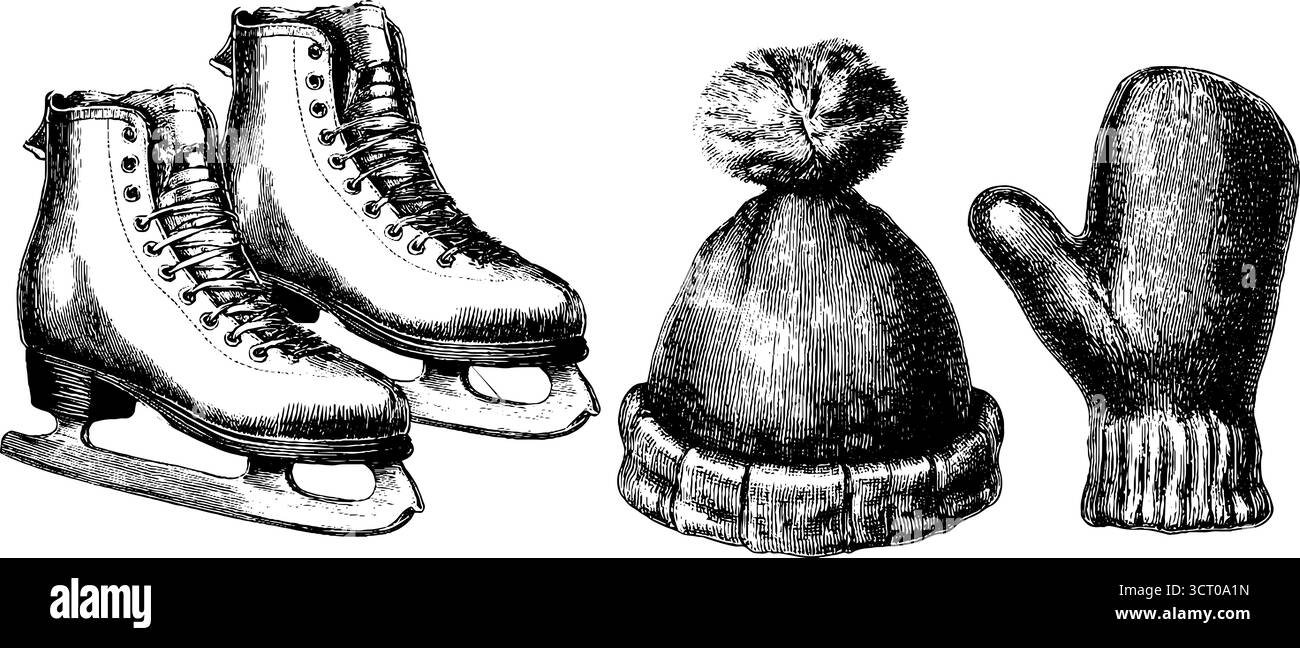 Vintage-Winteraccessoires und Schlittschuhgravur für Retro-Design. Stock Vektor