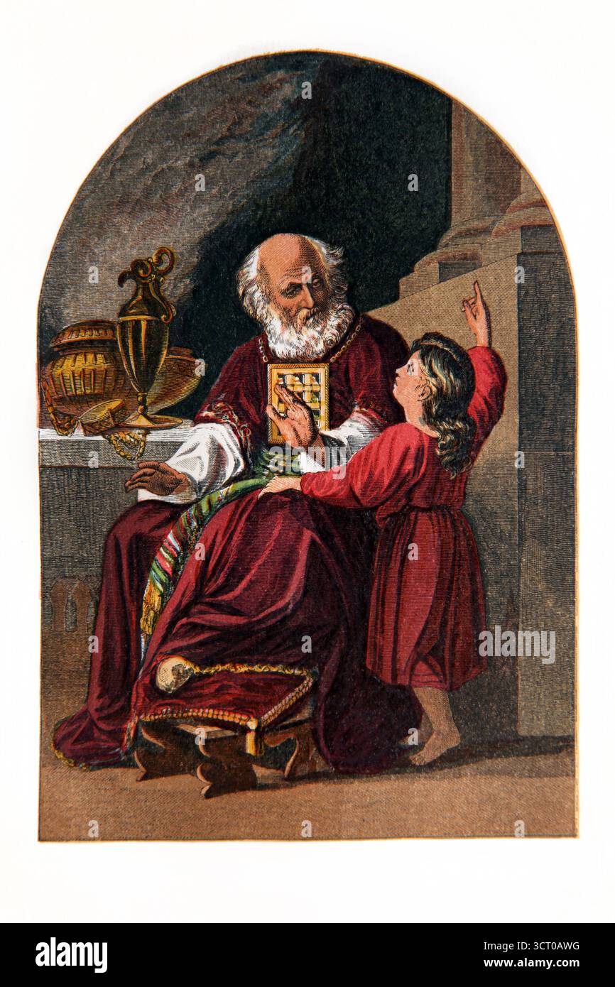 Handgemalte Illustration von Samuel genannt vom Herrn - junger Samuel mit dem Hohepriester Eli am Tabernakel aus dem 19. Jahrhundert Sunday Pictorial Re Stockfoto