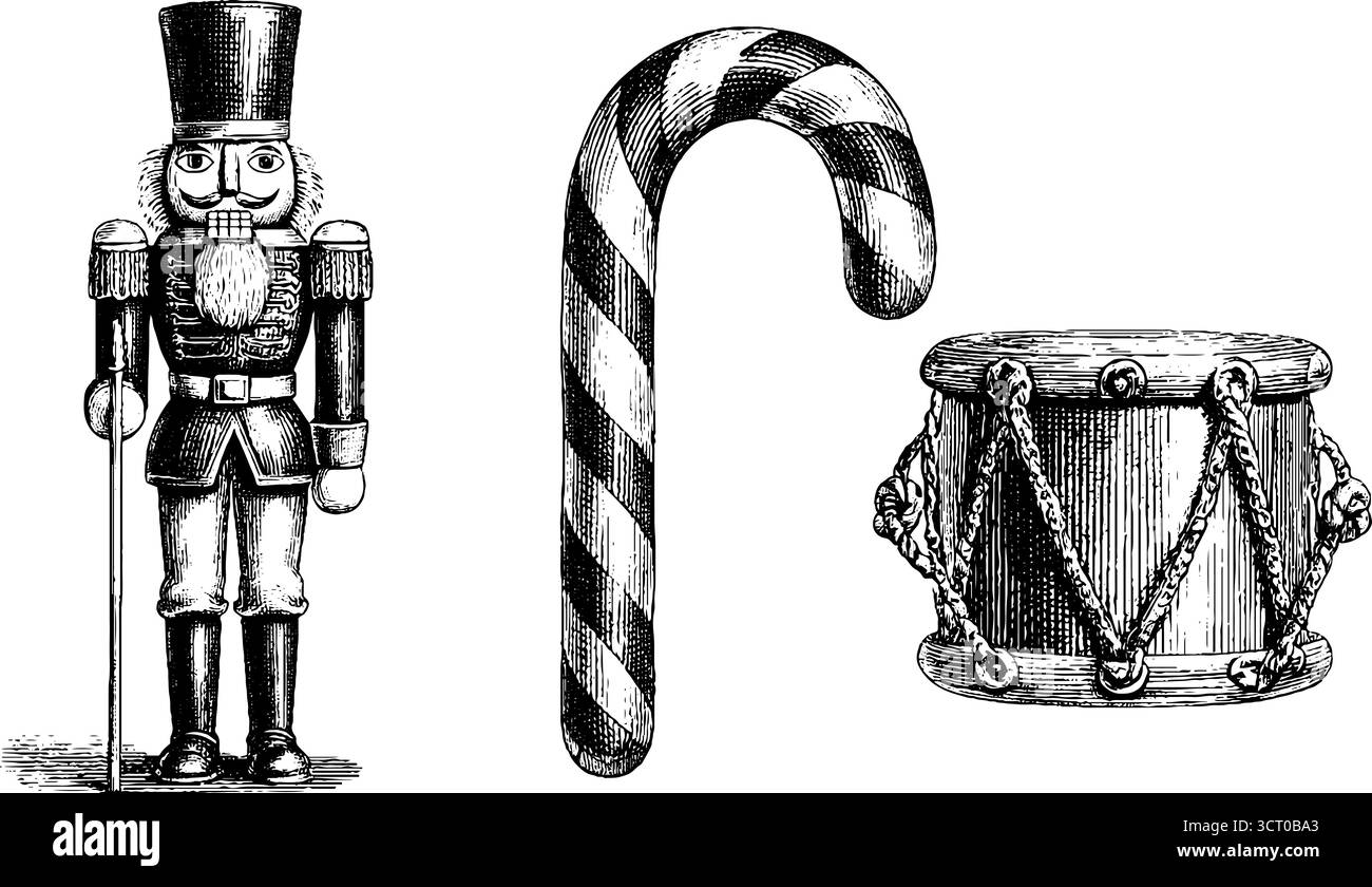 Klassischer Nussknacker-Soldat mit Gravur, Trommel und Zuckerrohr als Weihnachtsdekoration. Stock Vektor