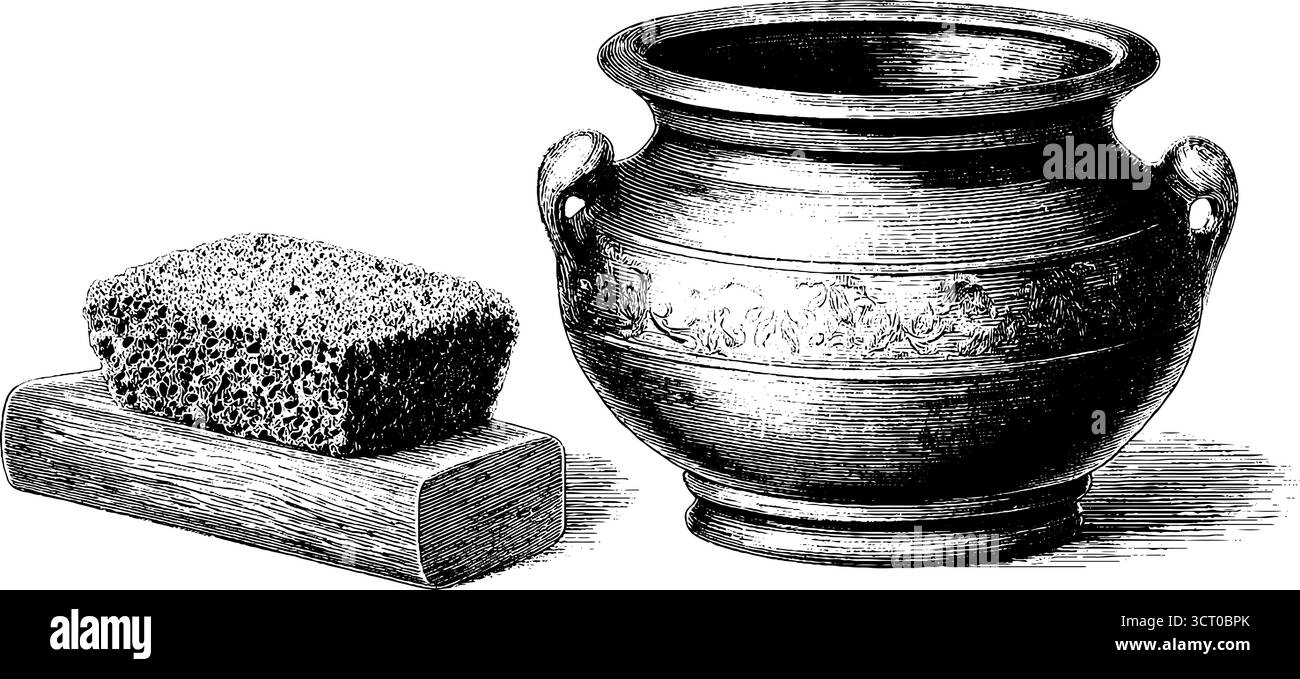 Vintage-Illustration Set aus Töpfervase und Holzblock für dekoratives Design. Stock Vektor