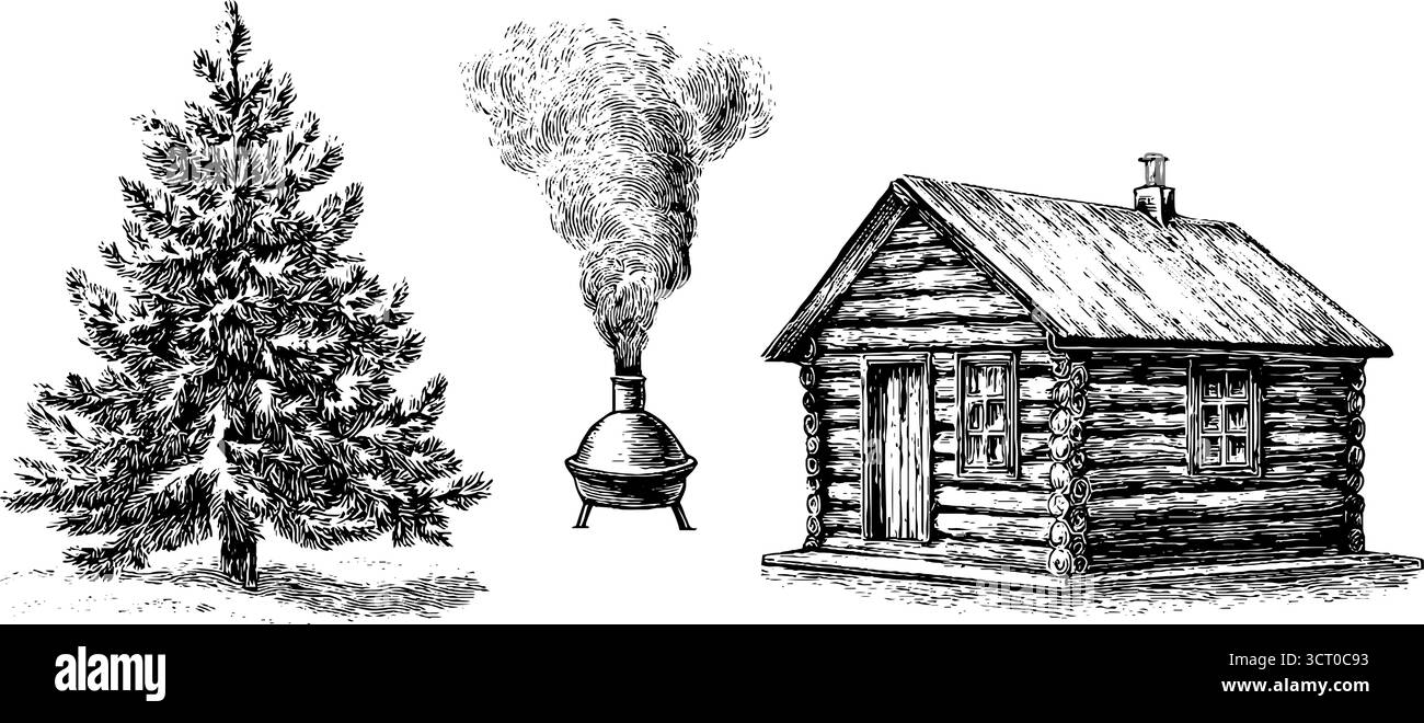 Winter Lodge Szene mit schneebedeckter Hütte, Kiefern und Kamin Rauch. Stock Vektor