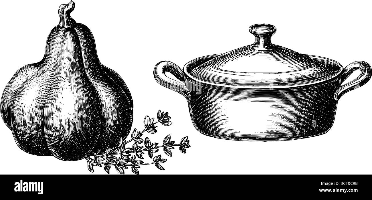 Vintage-Illustrationsset mit Gravur und Kürbis für kulinarische Designs. Stock Vektor