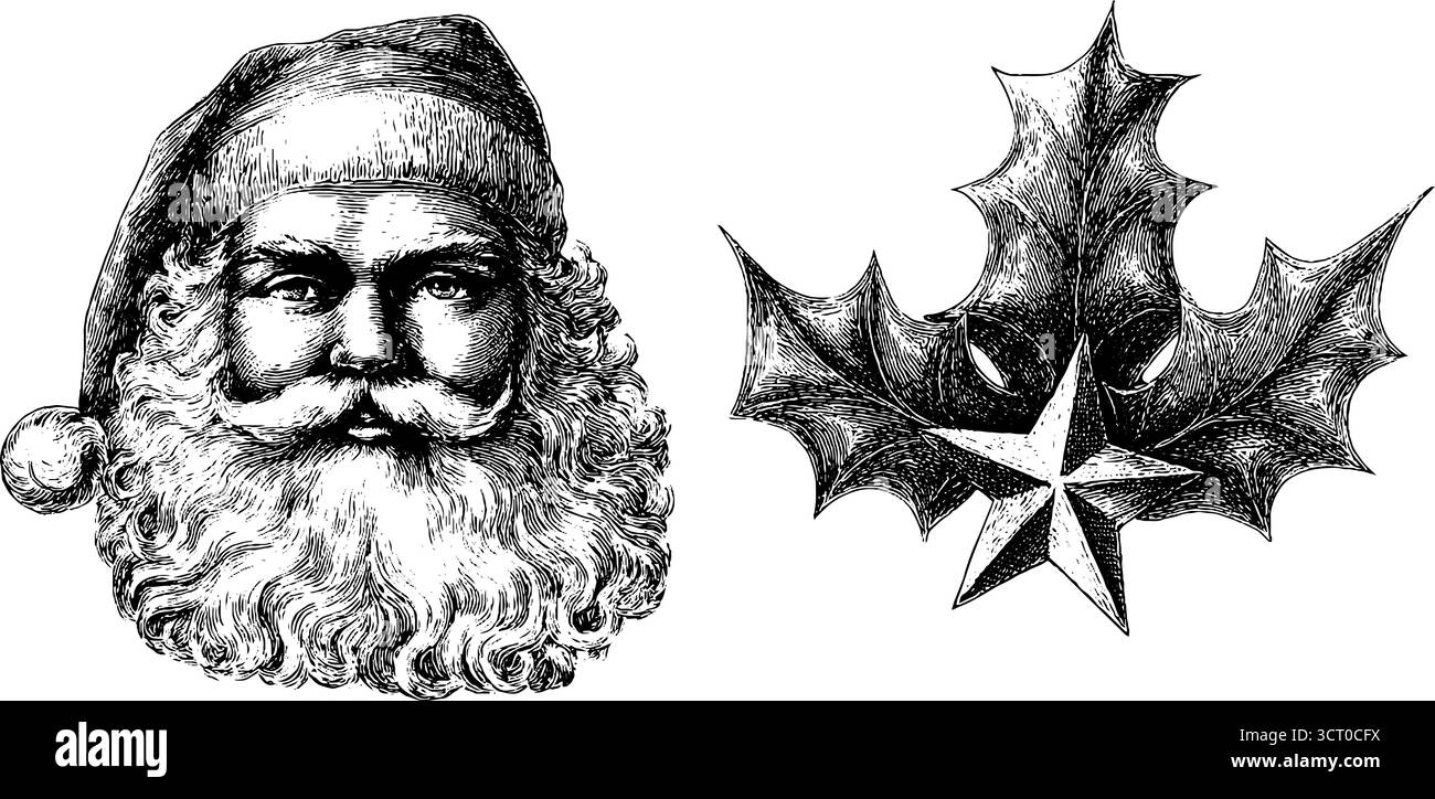 Vintage weihnachtsmann und stechpalme Illustrationsset für Weihnachtsmotive. Stock Vektor