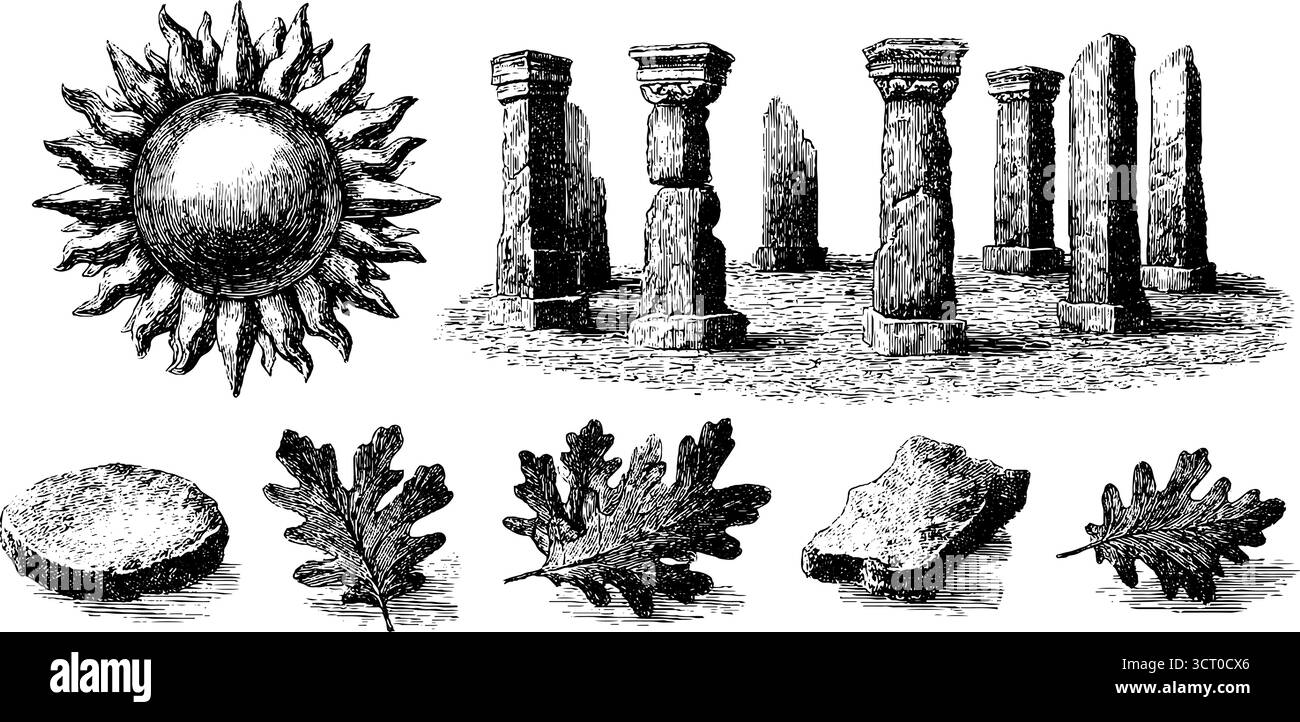 Graviertes Illustrationsset mit Sonnensymbol, einem alten Steinkreis und Eichenblättern. Stock Vektor