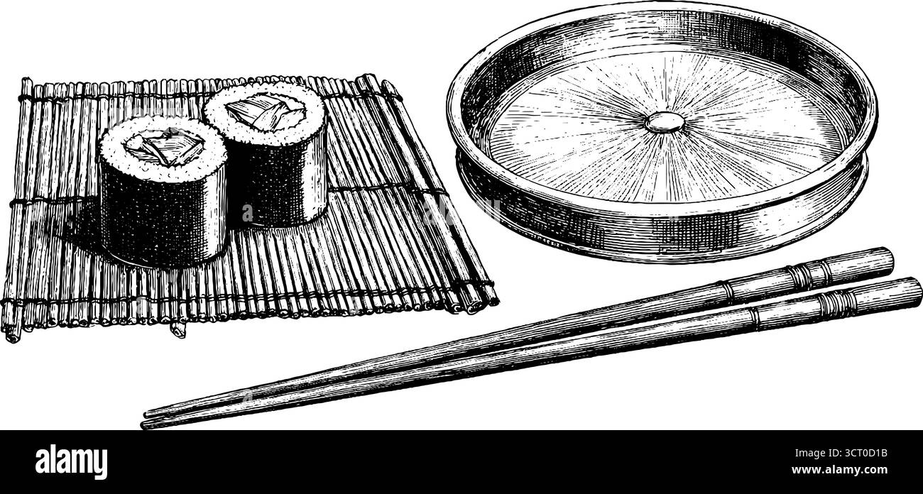 Vintage-Illustrationsset mit Sushi-Rollen, Essstäbchen und Bambusmatte für das Design im Restaurant. Stock Vektor