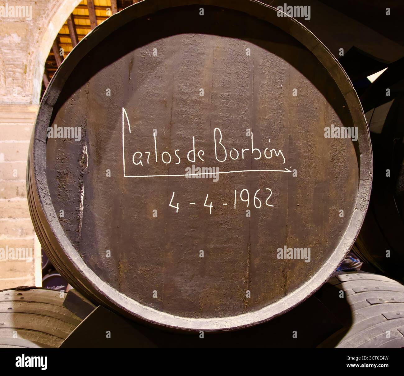 Sherry Fass unterzeichnet von der spanischen Königsfamilie Carlos de Borbon 4. April 1962 Gonzalez Byass Bodegas Jerez de la Frontera Cádiz Andalusien Spanien Europa Stockfoto