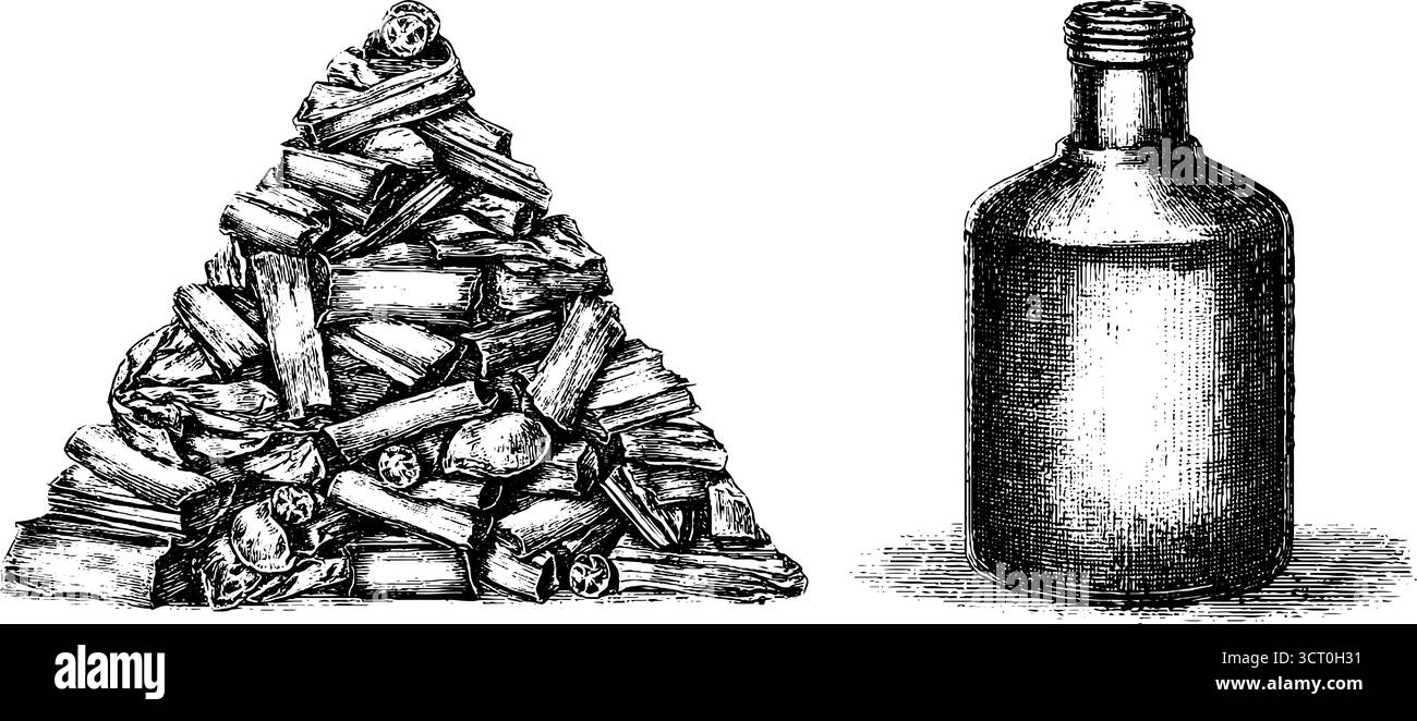 Recyclingkonzept mit gravierter Illustration von Abfallhaufen und Glasflasche für umweltbewusstes Design. Stock Vektor