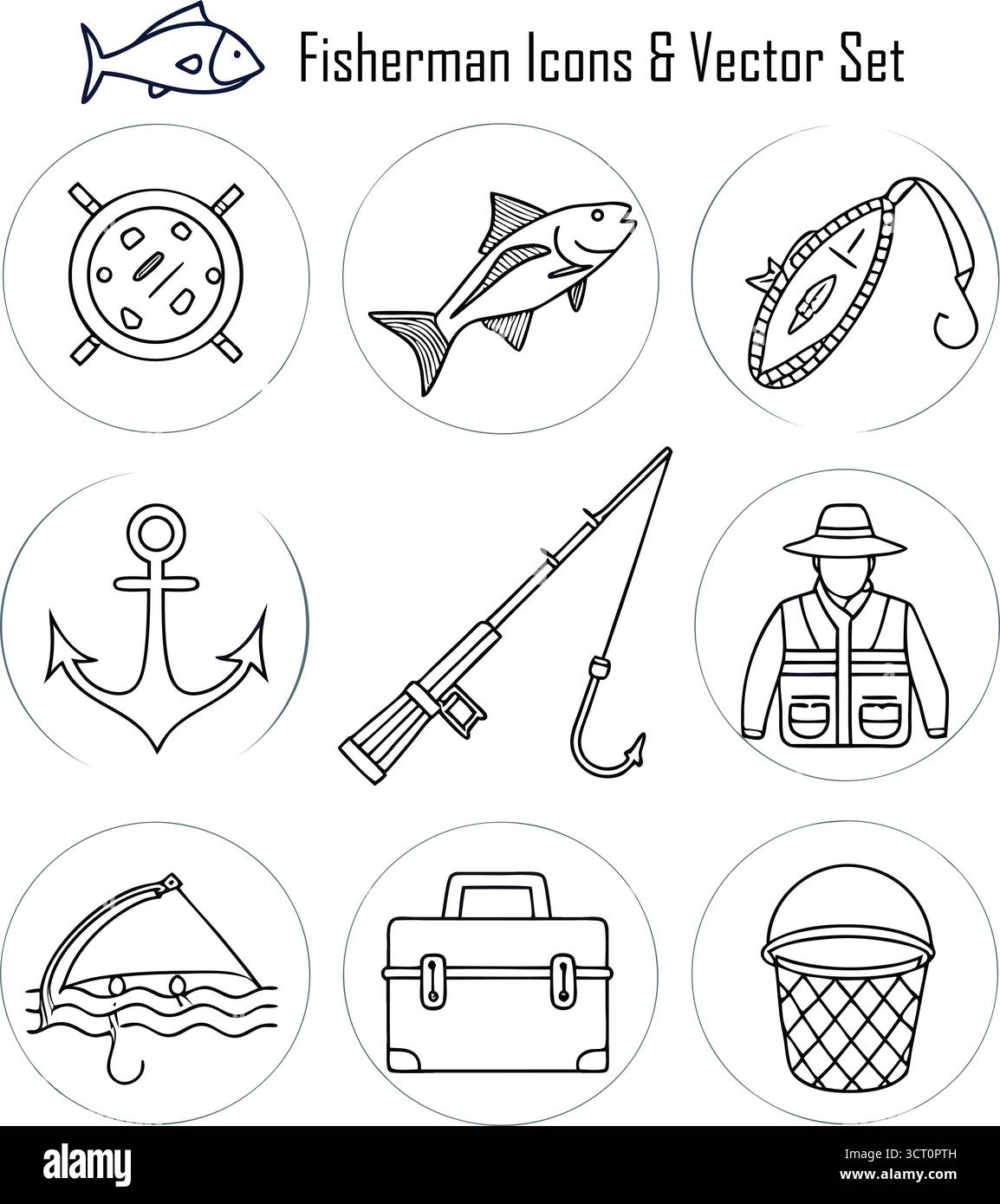 Fischerstil mit traditionellem Fischfang, Lebensunterhalt an der Küste, Bootsangeln und nachhaltiger Fischindustrie Stock Vektor