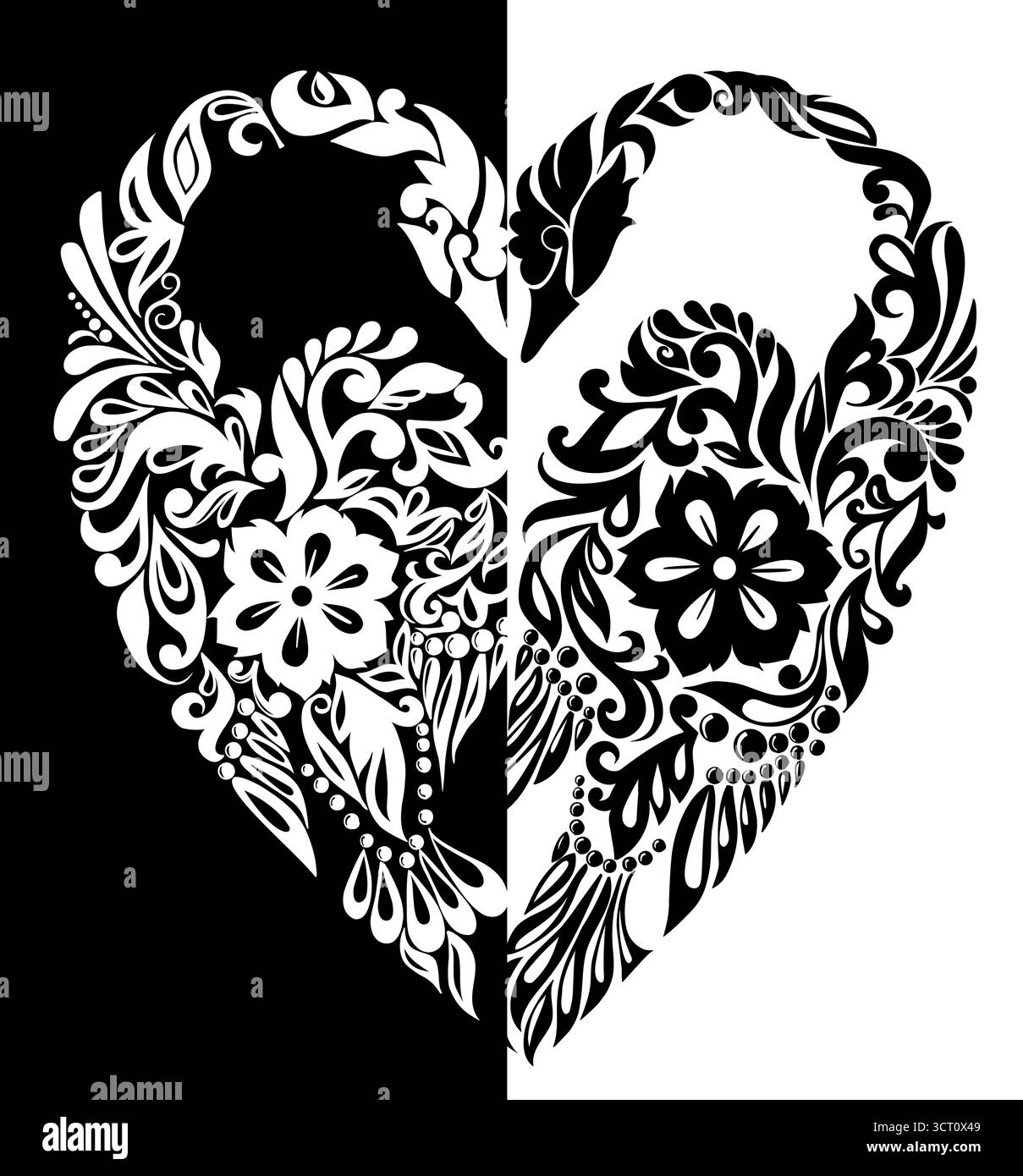 Schwarz-weiße Schwäne aus Blumen, Blättern und Locken, in Form von Herzen Stock Vektor