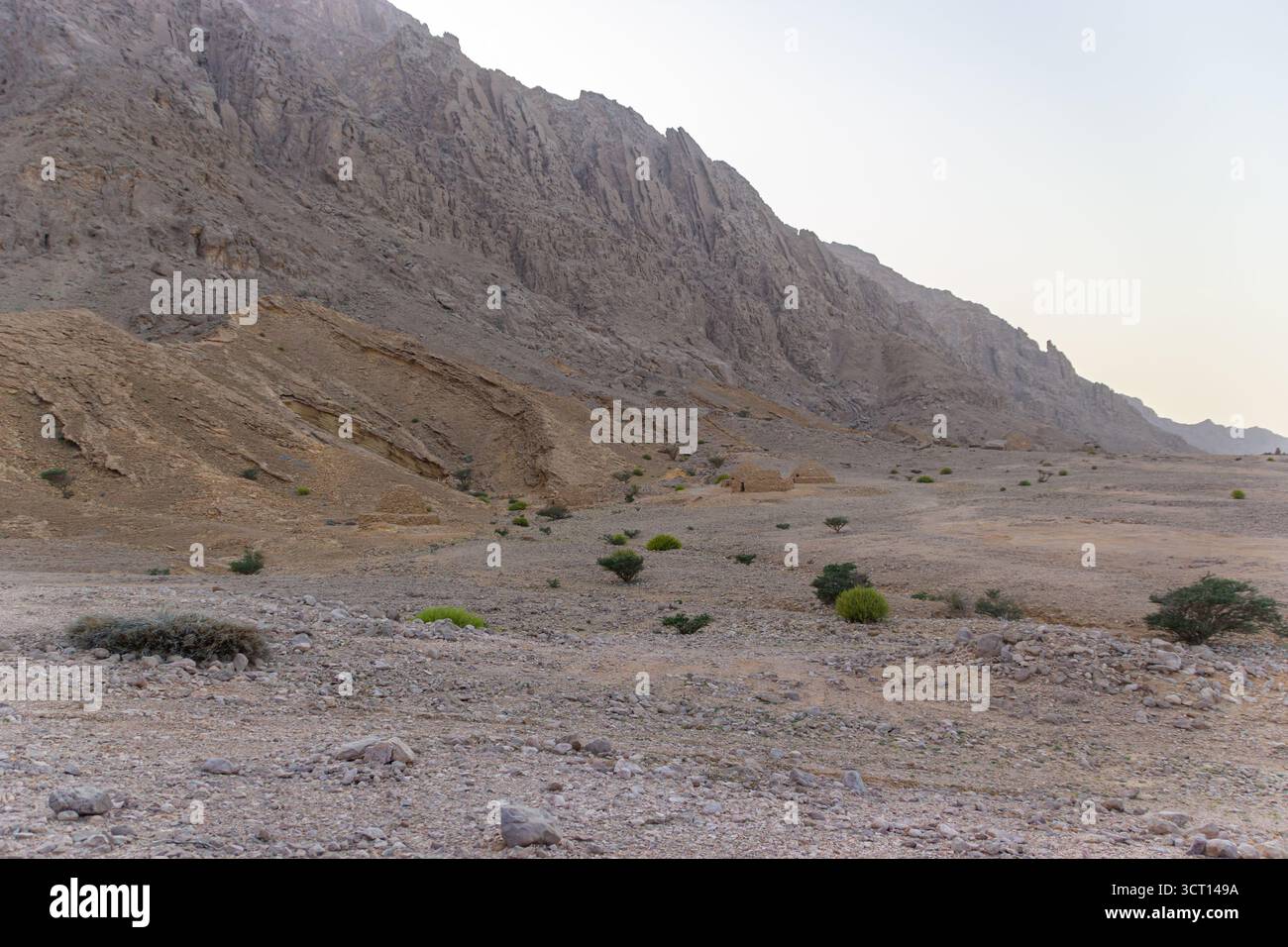 Riesige Rocky Desert Plain mit spärlicher Vegetation und einem kleinen verlassenen Gebäude vor einer majestätischen, kargen Bergkette unter einem hellen Himmel Stockfoto