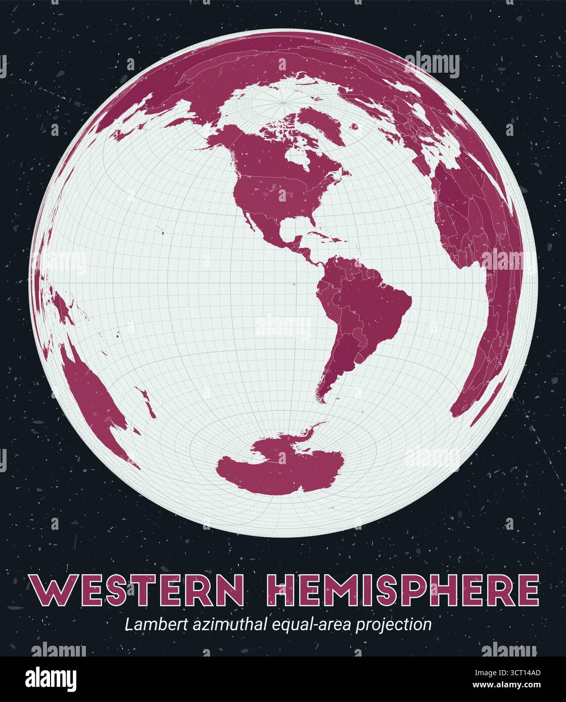 Westliche Hemisphäre. Weltkarte. Lambert-azimutale Flächenprojektion mit Schwerpunkt auf der westlichen Hemisphäre. Blassmintfarbene dunkelrosa Palette. Stock Vektor