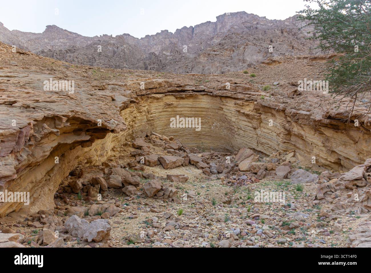 Deep Geological Cut in trockenen Wüstenfelsen mit konzentrischen horizontalen Sedimentschichten Stockfoto
