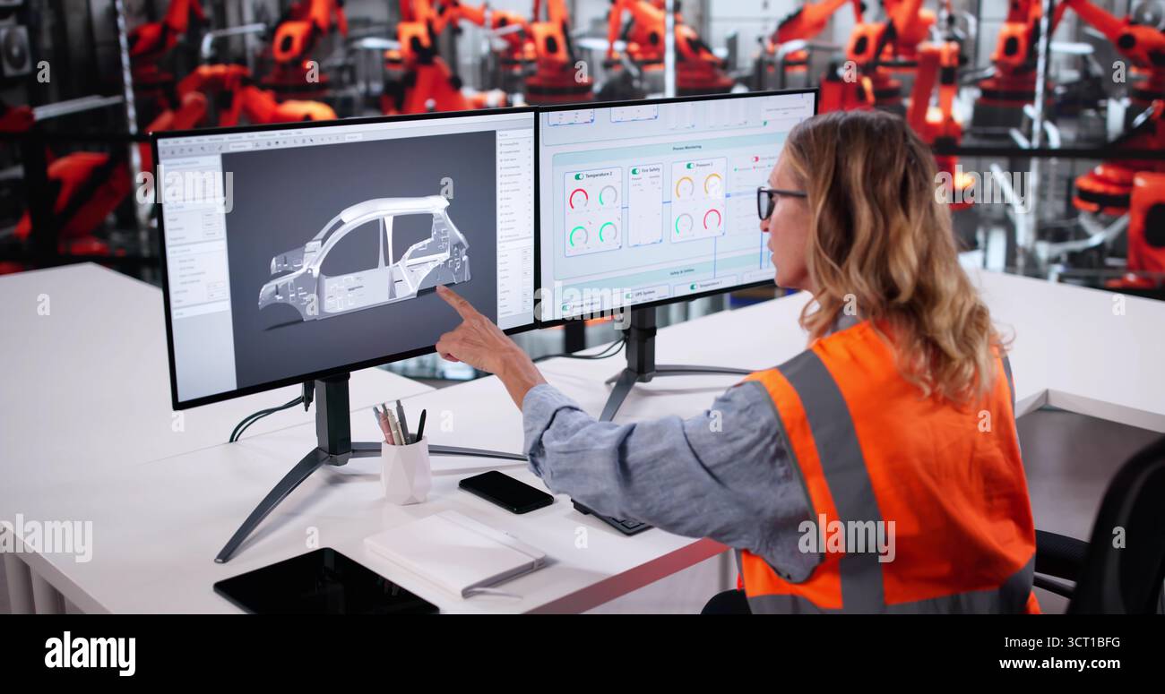 Automobilingenieur, der an der Automobilproduktion bei Factory's Desktop arbeitet. Stockfoto