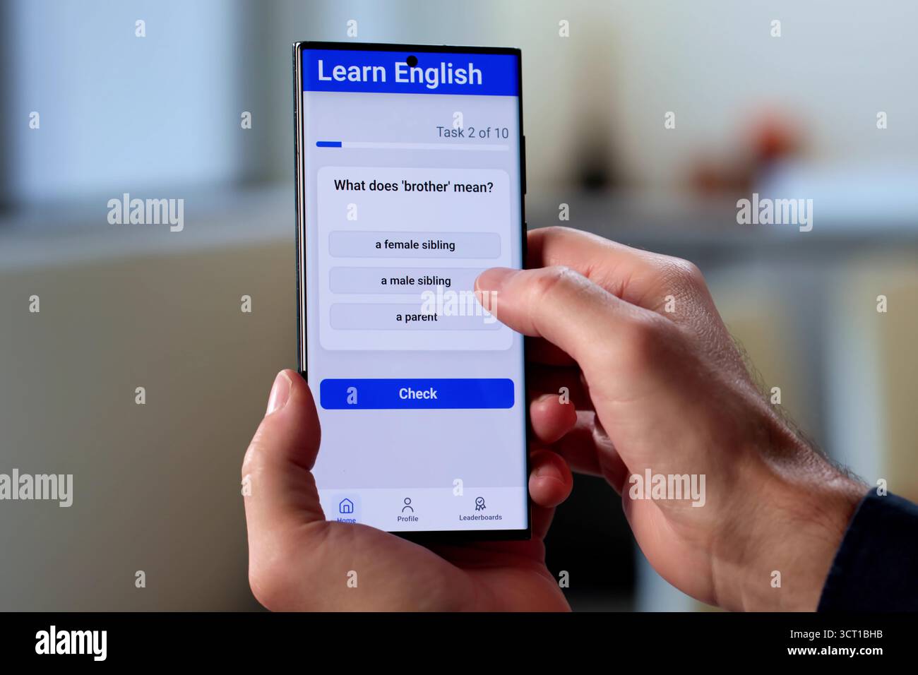 Seniorin Mit Der Smartphone-App Für Die Ausbildung, Um Englische Grammatik Zu Lernen Stockfoto