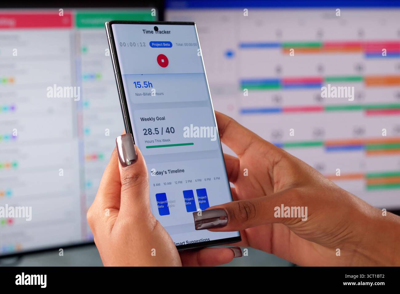 Digital Productivity Tracker And Time Management App: Marketing-Optimierung Verwalten. Stockfoto