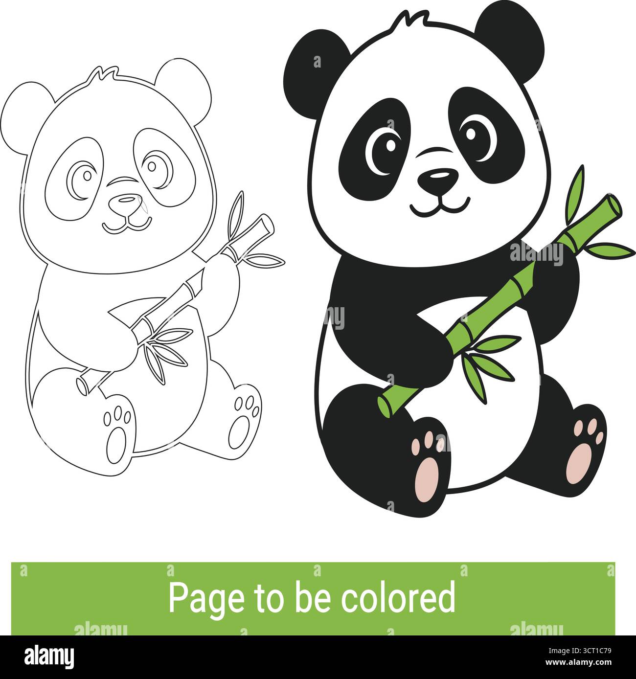 Diese bezaubernde Malseite zeigt einen niedlichen Panda, der einen Bambusbesatz hält. Es ist perfekt für Aktivitäten für Kinder, damit sie ihre Kreativität entfesseln können Stock Vektor