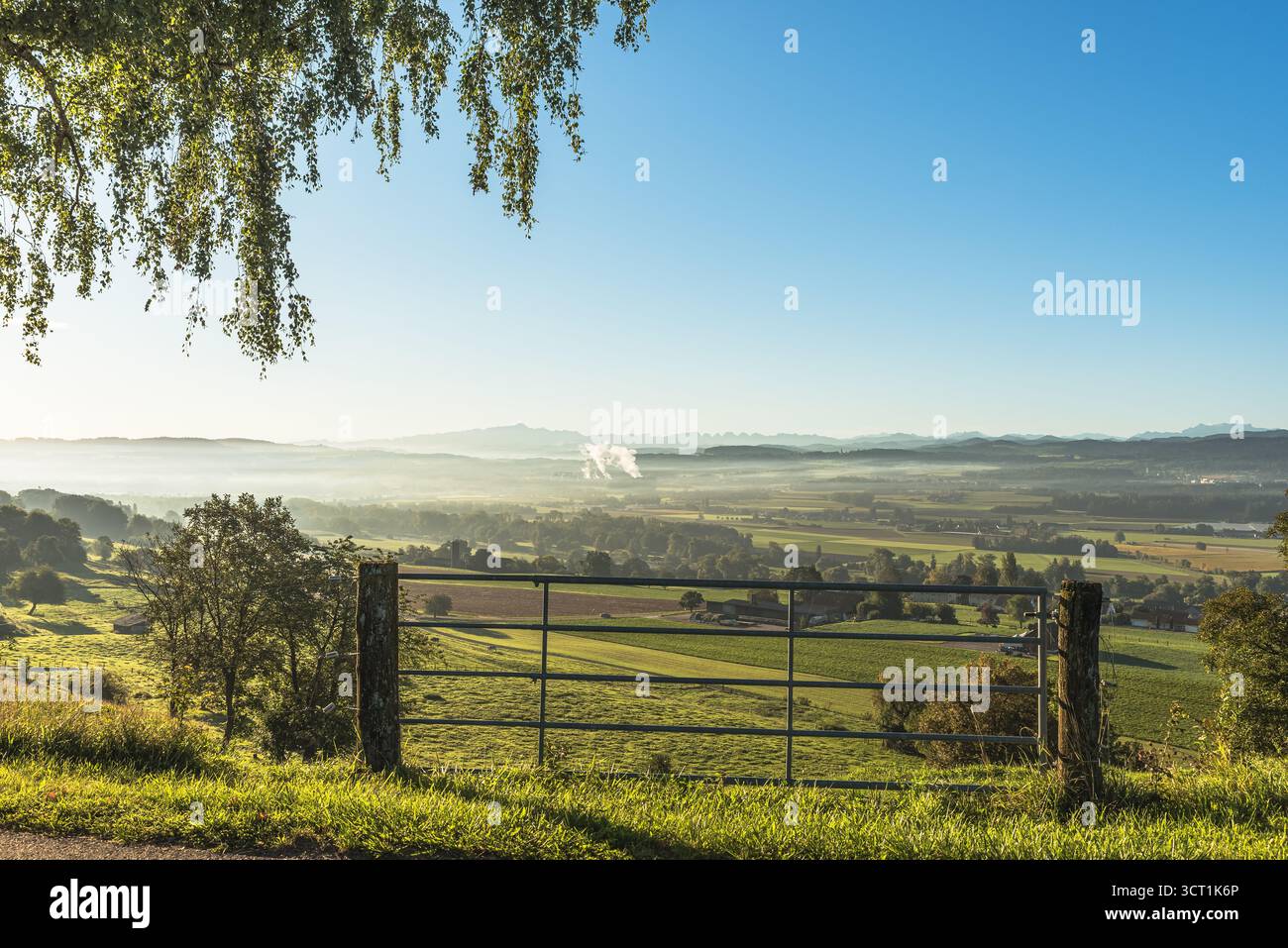 Friedliche ländliche Landschaft mit Alpsteinbergen im Hintergrund, Kanton Thurgau, Schweiz Stockfoto