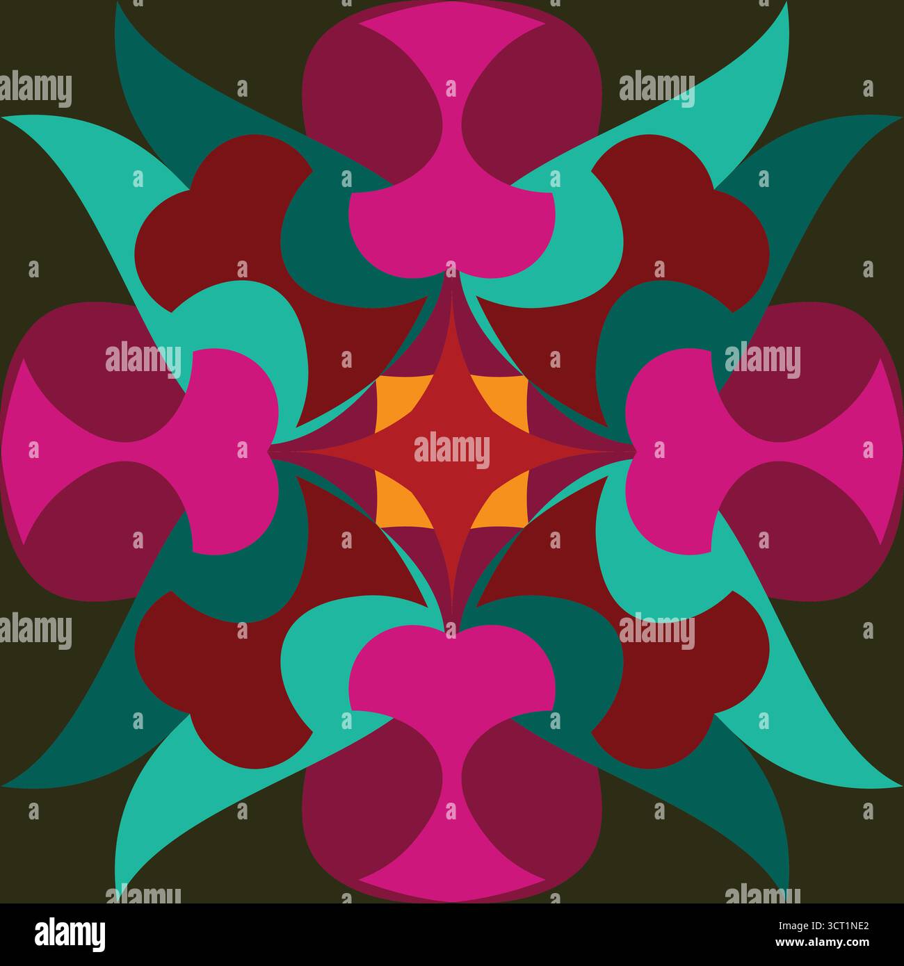 Dieses nahtlose Vektor-Muster zeigt wirbelnde abstrakte florale Mandalas-Formen in kräftigem Pink, tiefrot, blaugrün und orange Akzente auf einem dunklen olivfarbenen B Stock Vektor