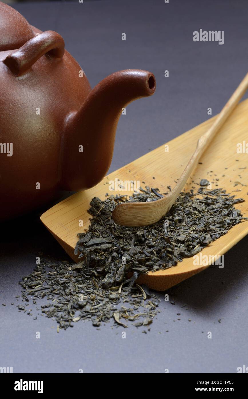 Grüner Tee, grüner Tee, Sencha Tee aus Japan auf Schüssel mit Spachtel Stockfoto
