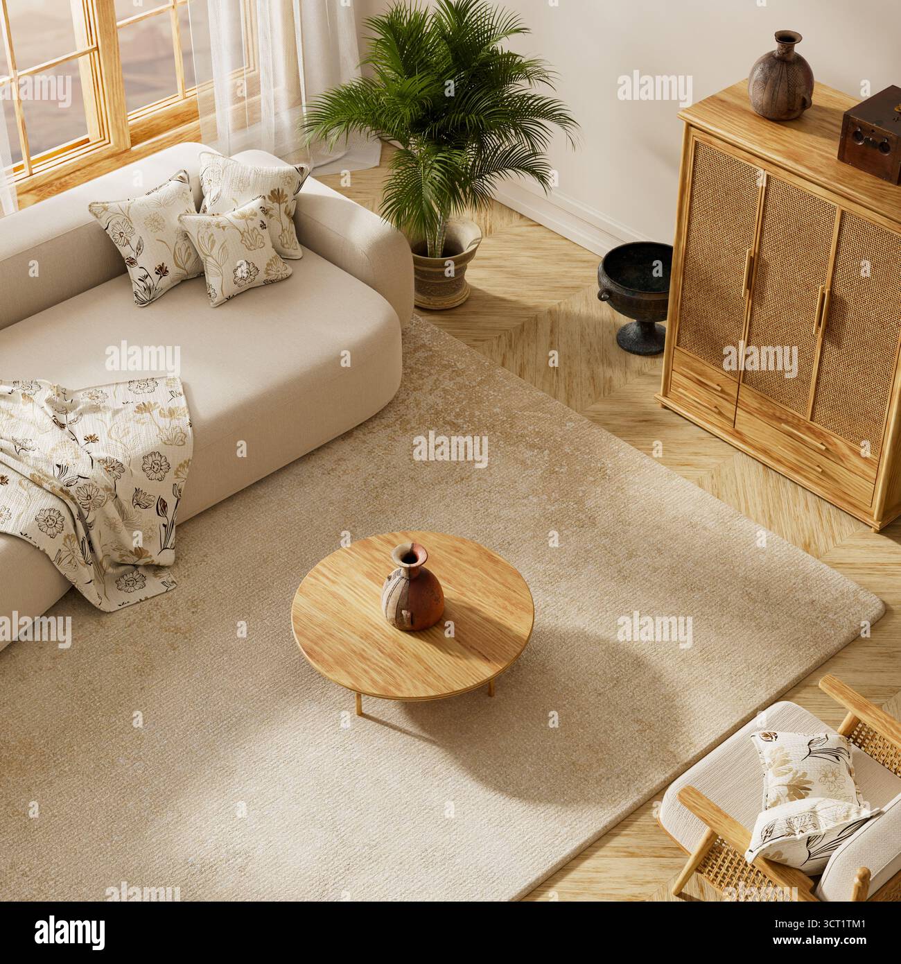 Helles Wohnzimmer mit beigefarbenem Sofa, Holzmöbeln, neutralen Farbtönen und Tageslicht, perfekter minimalistischer Stil. Modernes Wohnzimmer. 3D-Abbildung Stockfoto