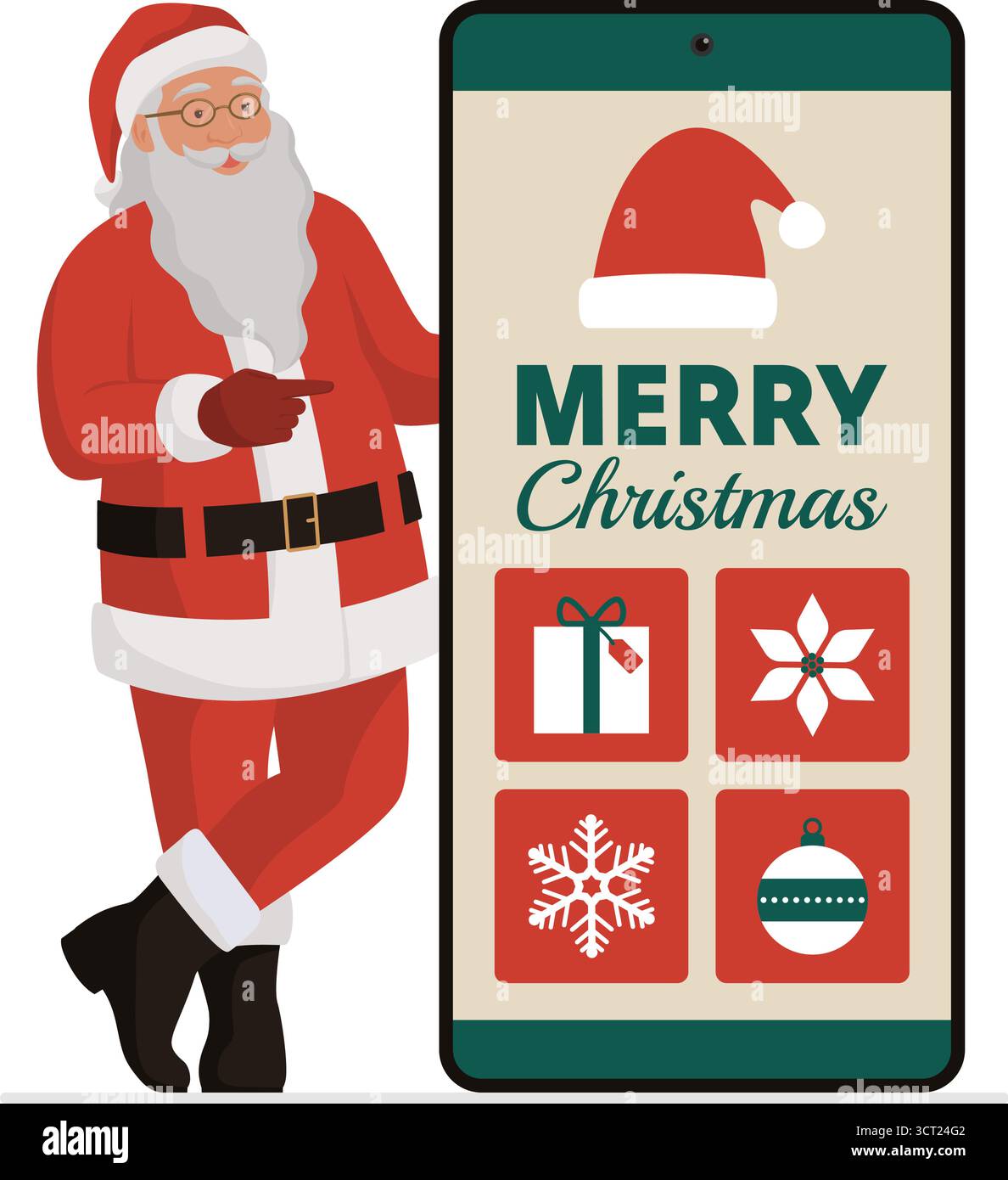 Glücklicher Weihnachtsmann, der auf ein großes Smartphone mit Weihnachtswünschen auf dem Display zeigt Stock Vektor