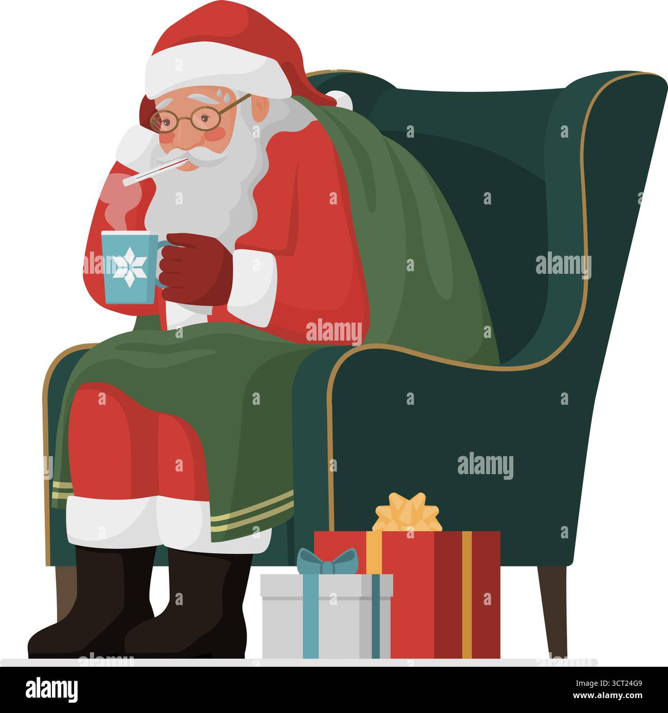 Der kranke Weihnachtsmann nimmt seine Temperatur mit einem Thermometer: Er hat Grippe, Fieber und Kopfschmerzen Stock Vektor