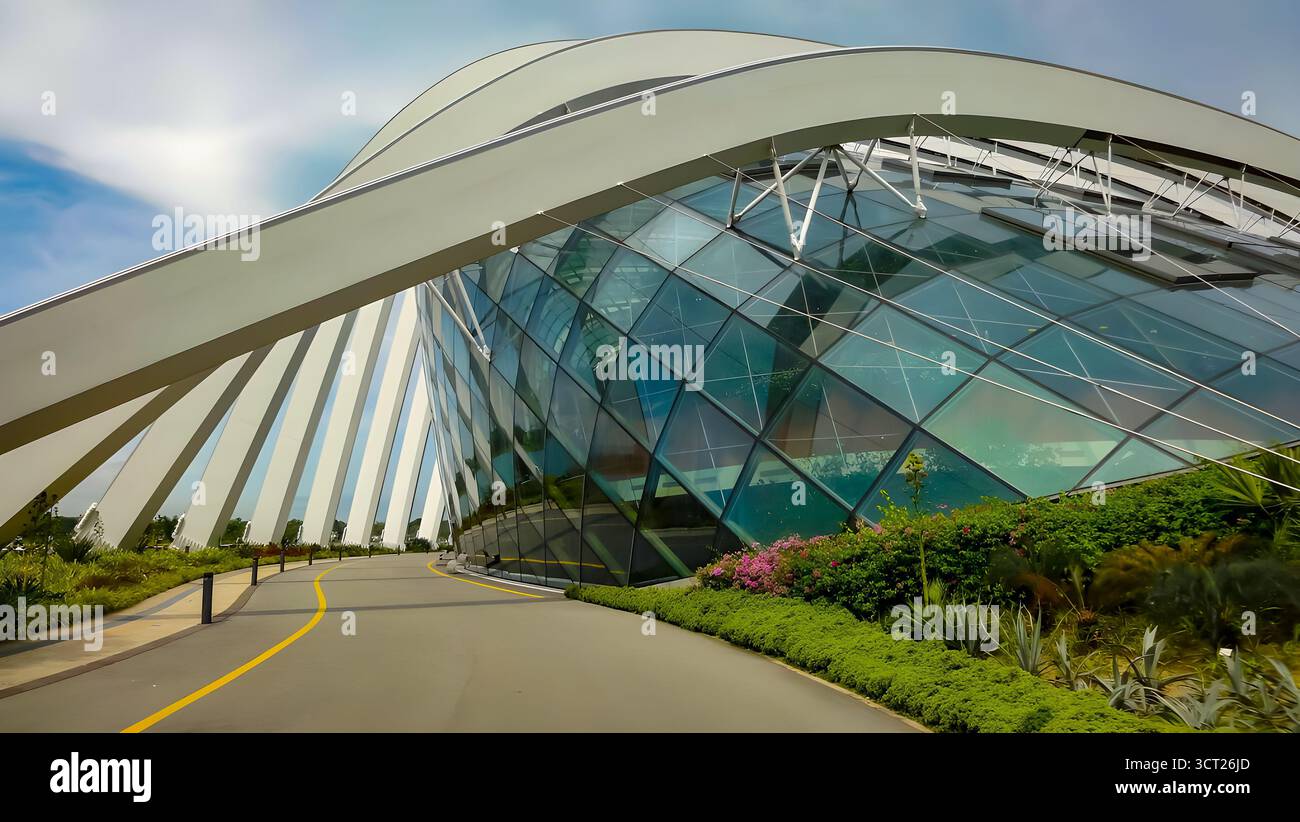 Geschwungener Wintergarten aus Glas und Stahl in Gardens by the Bay, Singapur, mit landschaftlich gestaltetem Pfad im Vordergrund. Stockfoto