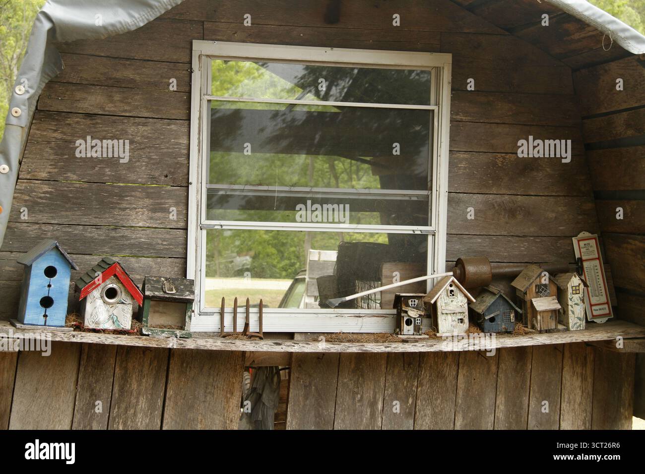 Virginia, USA. Handgefertigte Vogelhäuser, die auf einem einfachen Regal vor einem alten Schuppen ausgestellt sind. Stockfoto