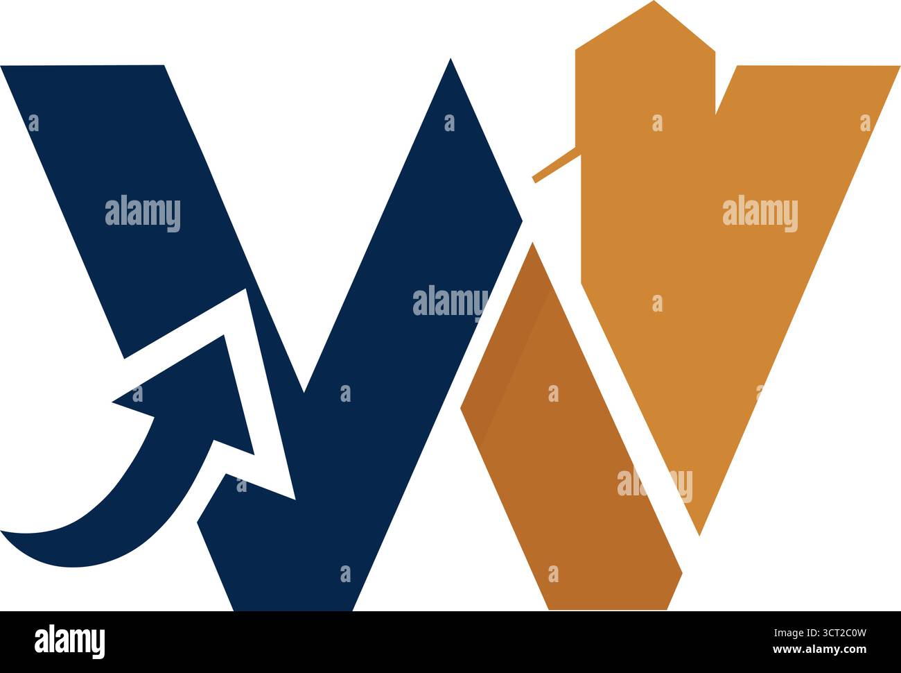 Ein schlankes, modernes W-Logo mit marineblauen und orangefarbenen Segmenten und dynamischen Pfeilelementen, die Wachstum, Fortschritt und Zusammenarbeit symbolisieren. Stock Vektor