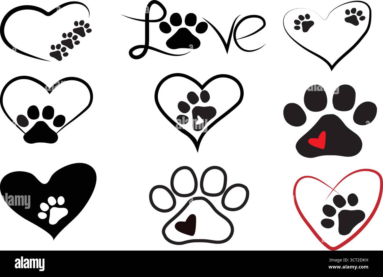PET Love Hearts and Paw Prints Vektor-Set, niedliche Tier Silhouette Grafiken, handgezeichnete Design-Elemente, Stock Vektor