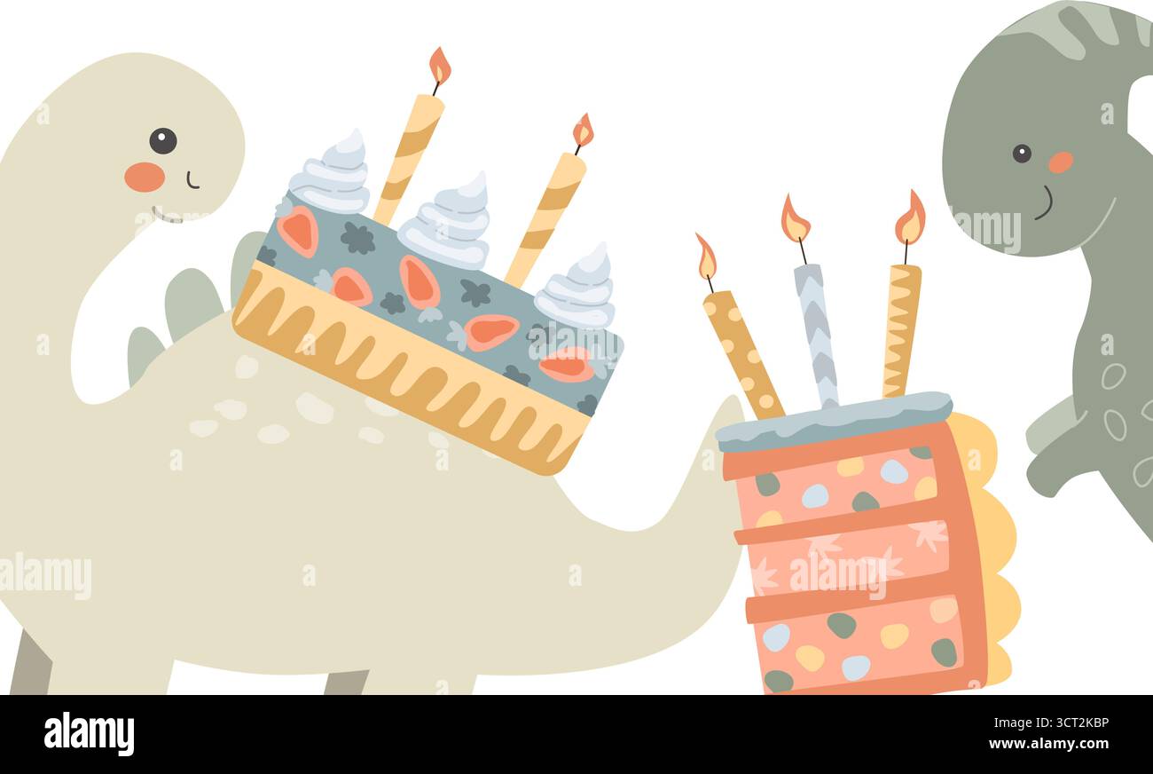 Süße Dinosaurier feiern Geburtstag mit Kuchen und Kerzen. Stock Vektor