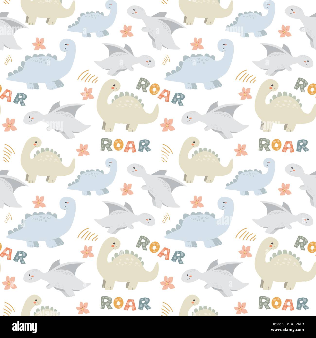 Verspieltes Dinosauriermuster mit brüllendem Text und Blumen auf schwarzem Hintergrund. Stock Vektor