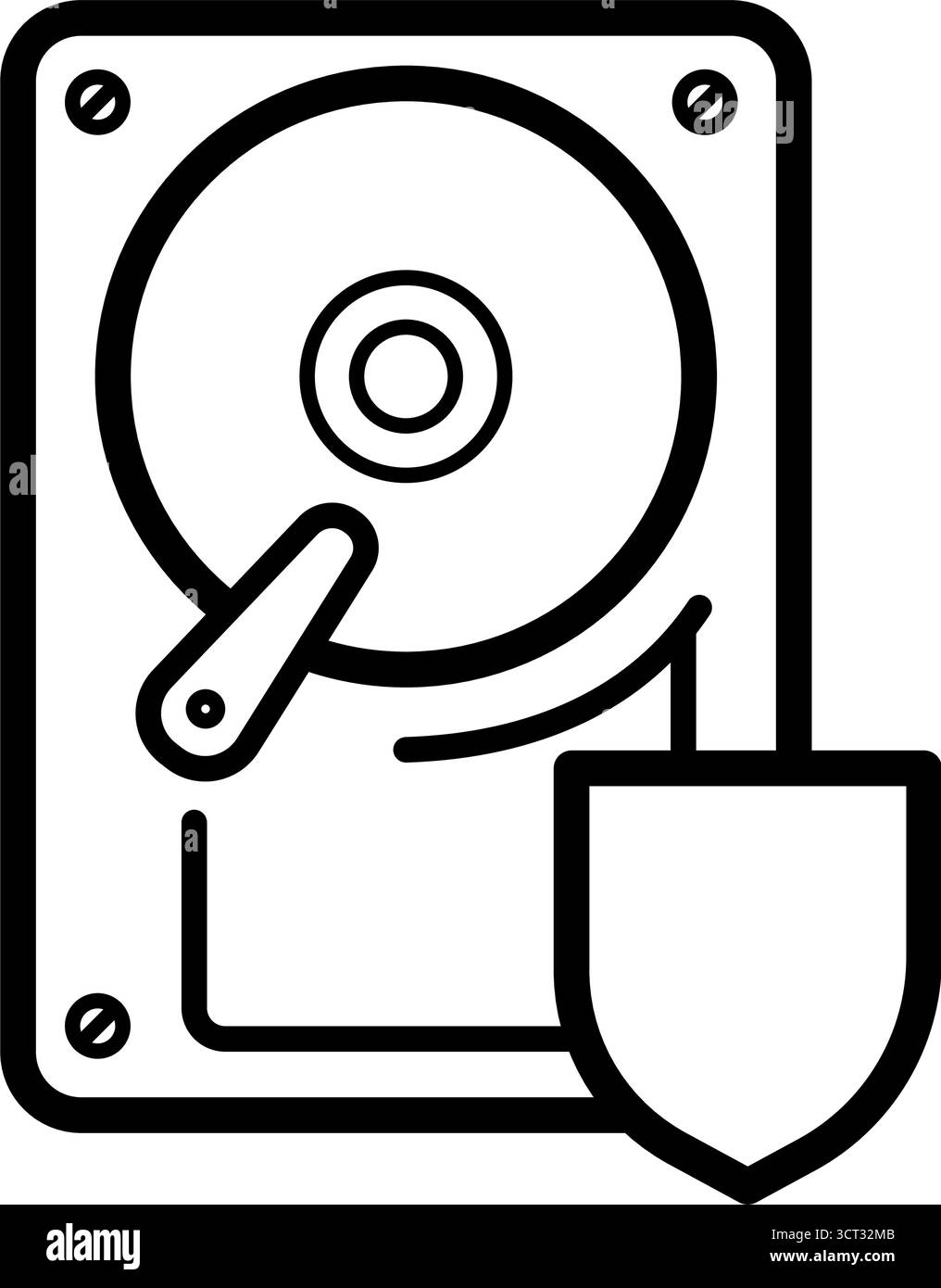 Festplatte mit Sicherheitsschild, Zeilenvektorsymbol Stock Vektor
