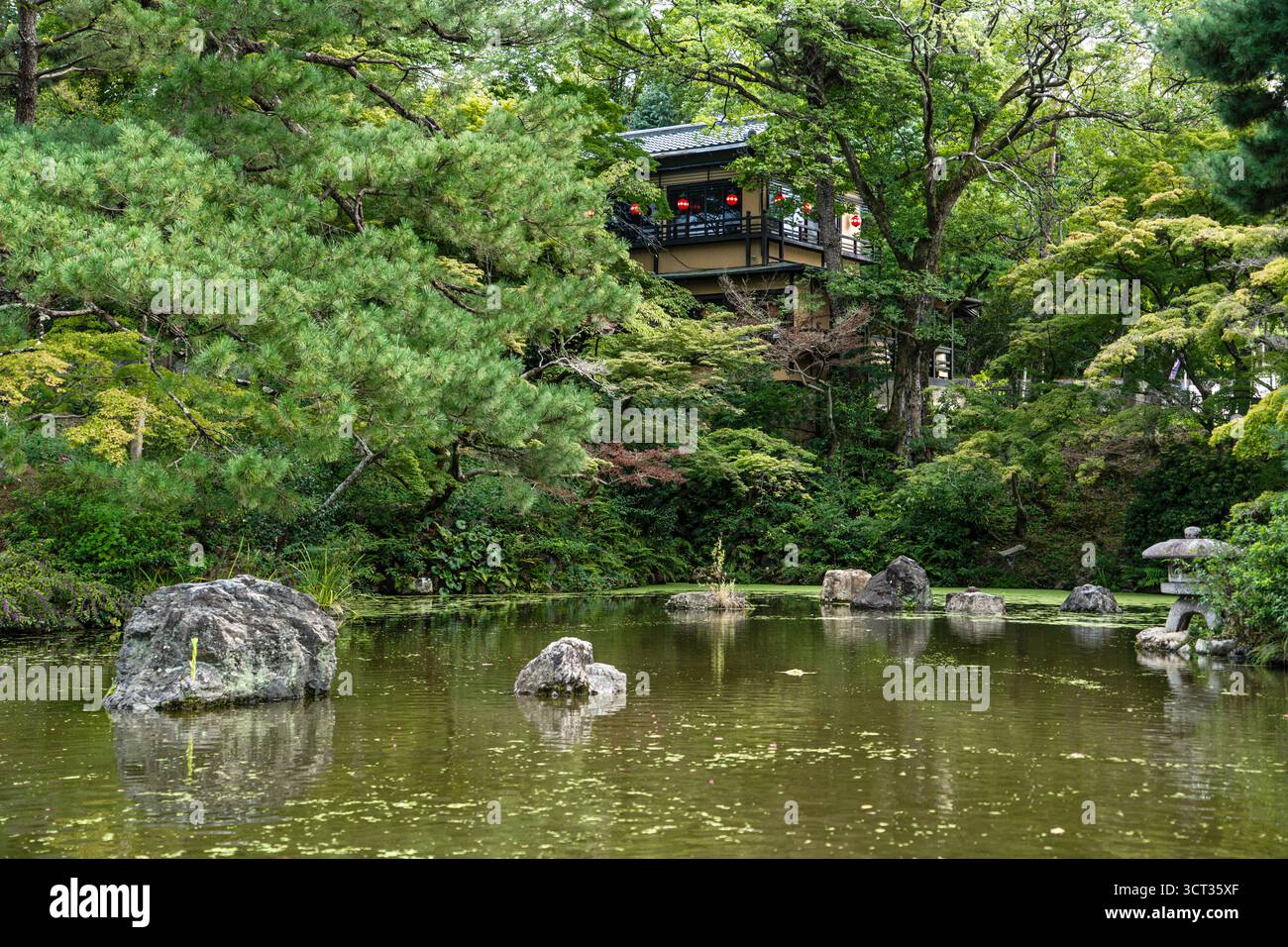 Ein ruhiges japanisches Teehaus, eingebettet in üppiges Grün, blickt auf einen Teich mit Steinen und einer verwitterten Laterne. Rote Laternen aus Papier sorgen für Wärme Stockfoto