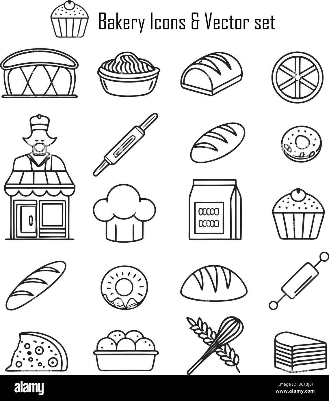 Backwaren Icons Set – frisches Brot, Gebäck, Kuchen und Backwerkzeuge Vektor-Kollektion Stock Vektor