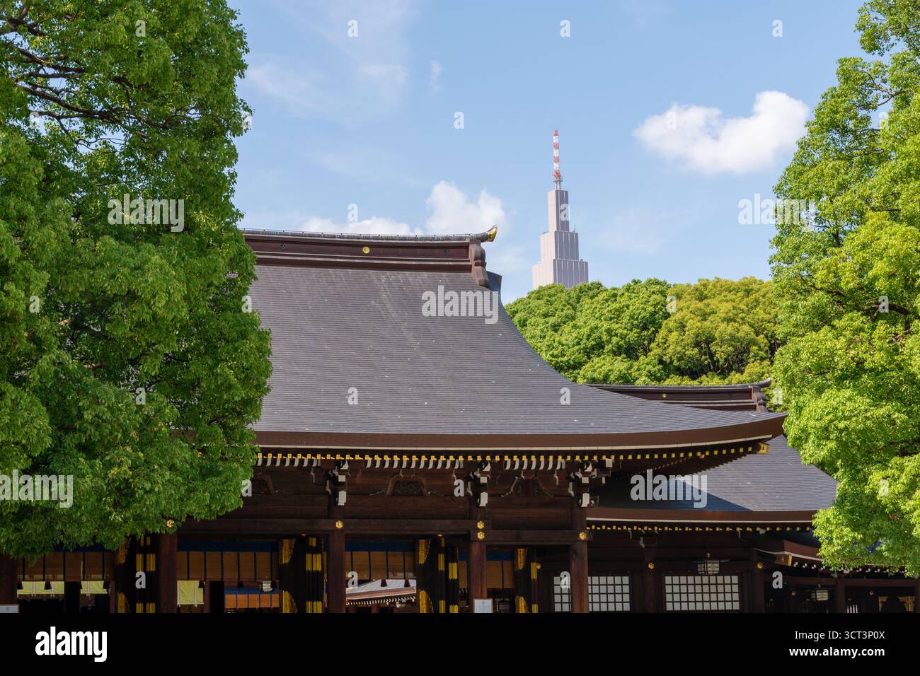 Meiji Jingu-Schrein und NTT Docomo Yoyogi-Gebäude im Hintergrund in Tokio, Japan Stockfoto