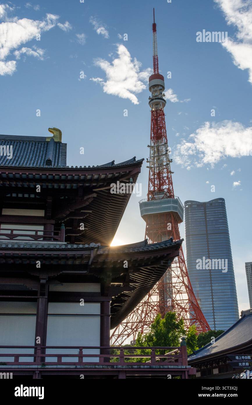 Tokio, Japan - 14. Juli 2025: Tokyo Tower und Zojoji-Tempel bei Sonnenuntergang Stockfoto