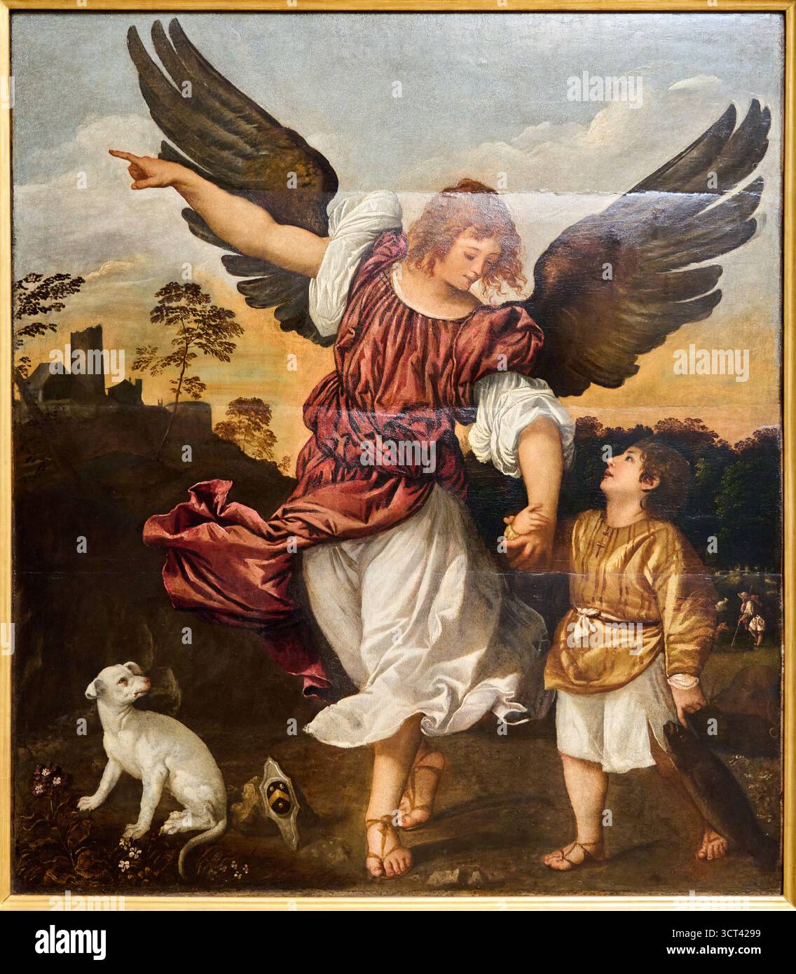 TIZIANO VECELLIO (Pieve di Cadore, 1488/1490 circa - Venezia, 1576), Tobiolo e l'arcangelo Raffaele, Tobias und der Erzengel Raphael, 1508, Gallerie Stockfoto