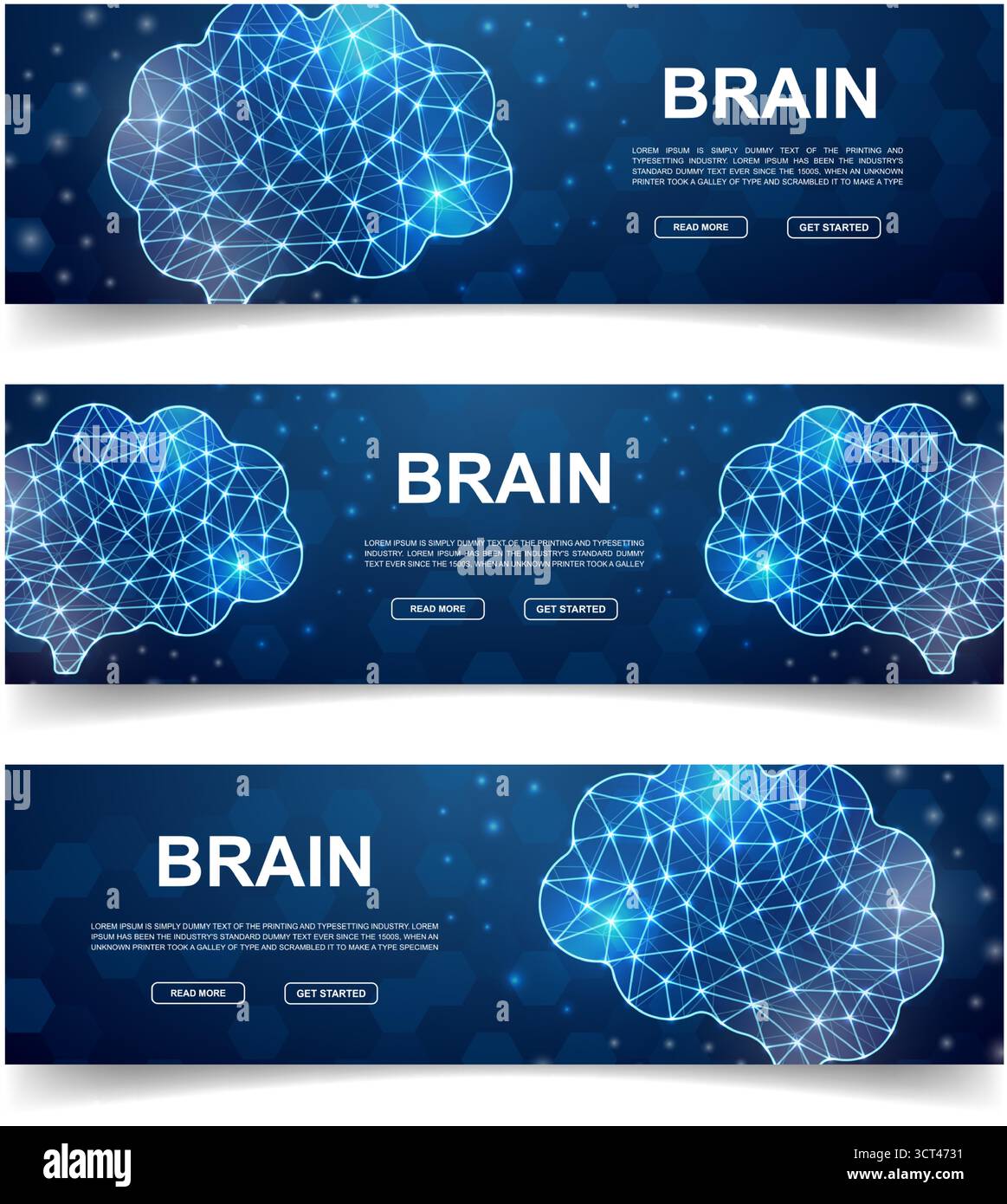 Satz horizontaler Banner für das menschliche Gehirn. Horizontale Illustration für Homepage-Design, Werbebanner. Symbole mit niedrigem Poly-Wert Stock Vektor