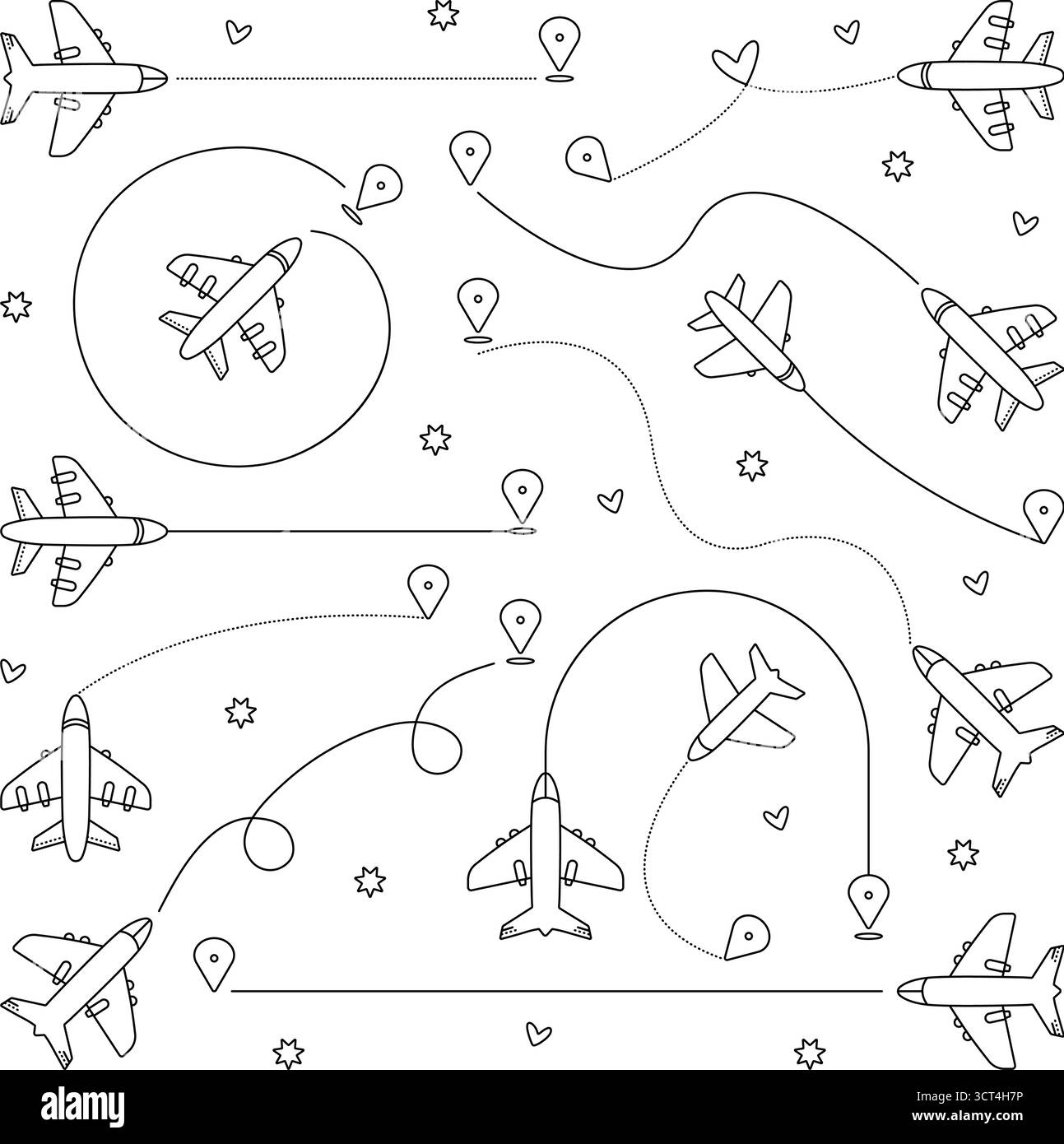 Verschiedene Flugstrecken Schilder, Vektorflugzeug Flugset, verschiedene Flugwege Sammlung, Tracking Linien mit Zielen. Schwarze Umrisse und Punkte Stock Vektor