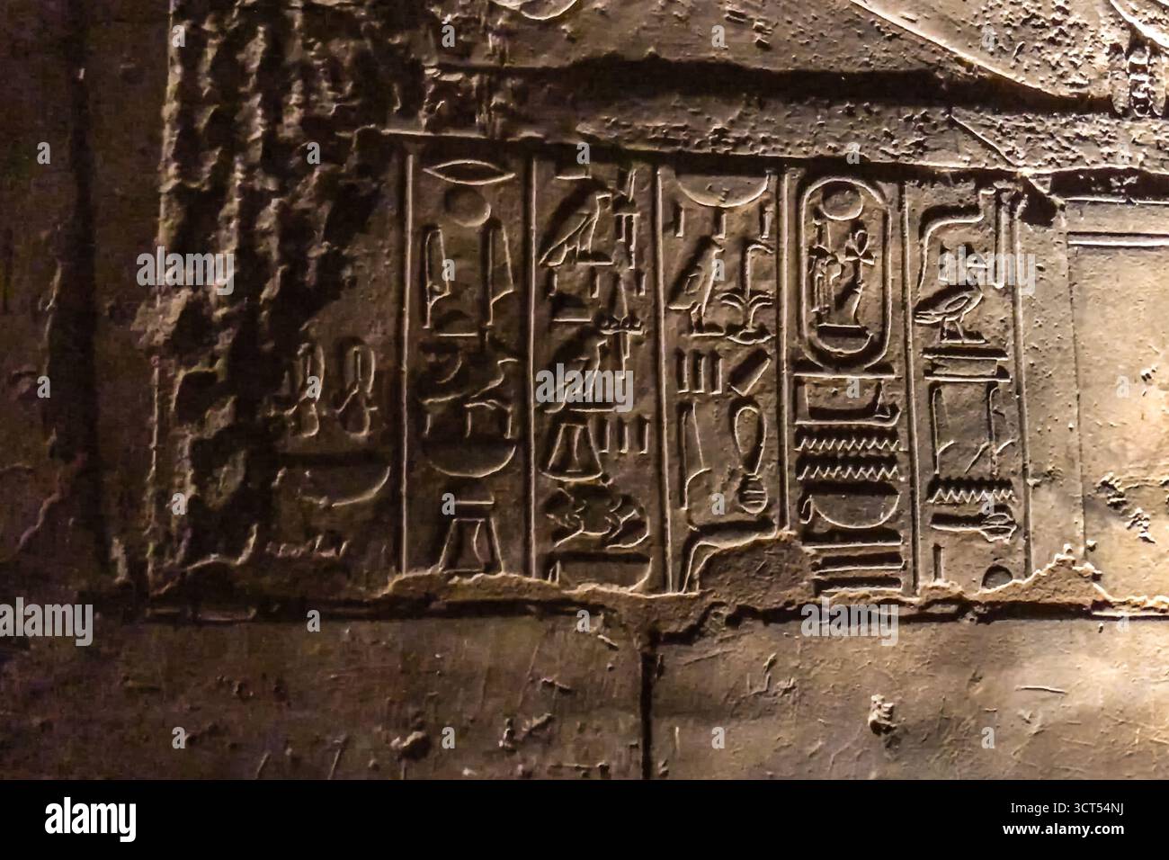 Ägyptischen Hieroglyphen und Zeichnungen an den Wänden und Säulen. Ägyptische Sprache, das Leben der antiken Götter und Menschen in Hieroglyphen und Zeichnungen Stockfoto