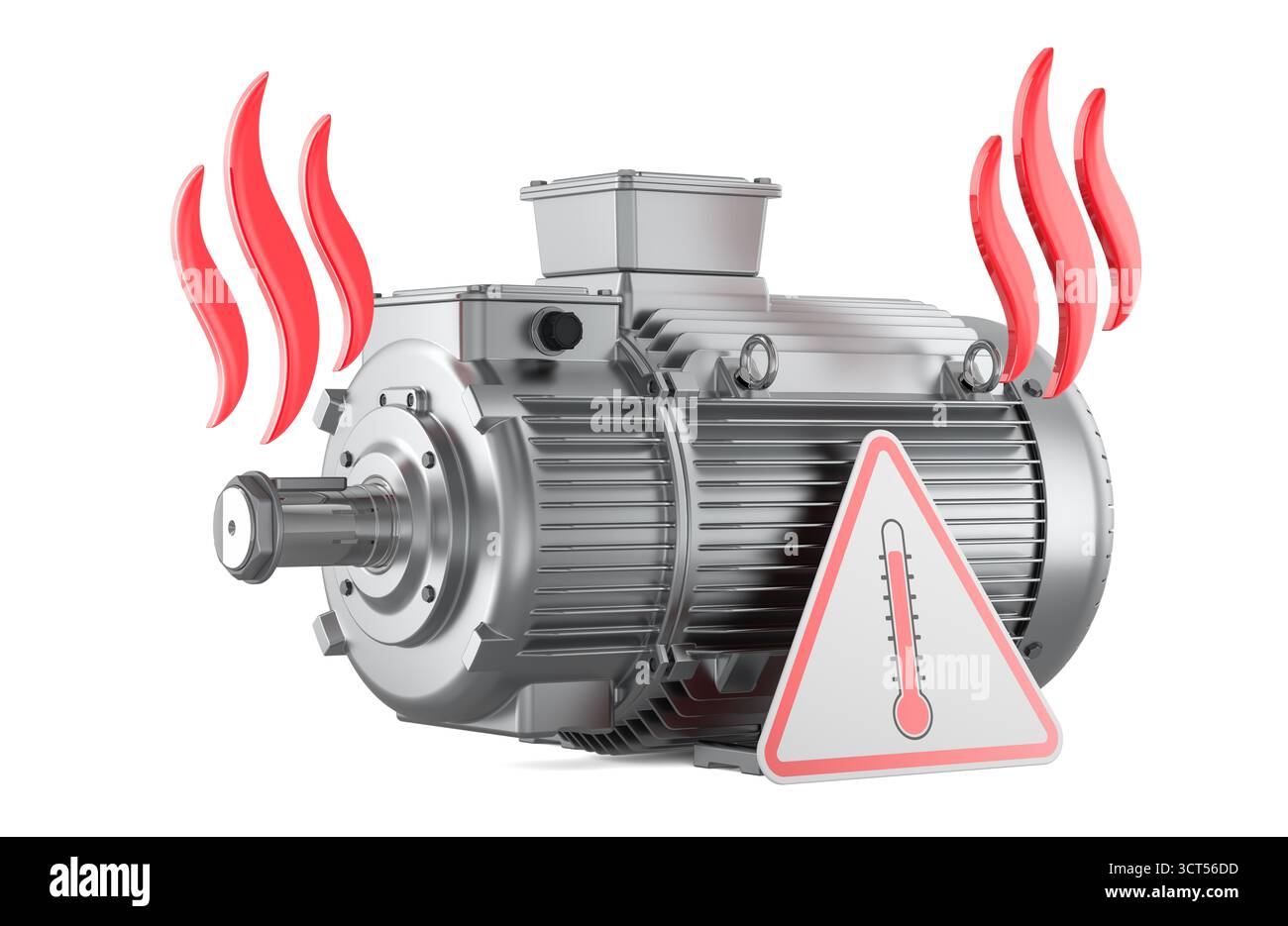 Warnung wegen Überhitzung des Elektromotors. 3D-Rendering isoliert auf weißem Hintergrund Stockfoto