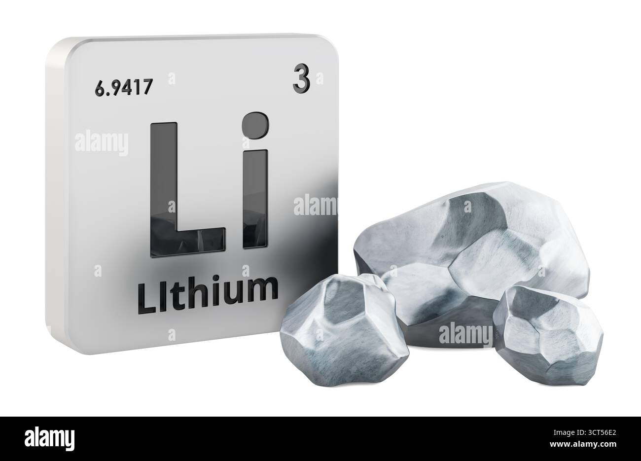 Lithiumkristalle und Periodenelement mit Li-Symbol. 3D-Rendering isoliert auf weißem Hintergrund Stockfoto