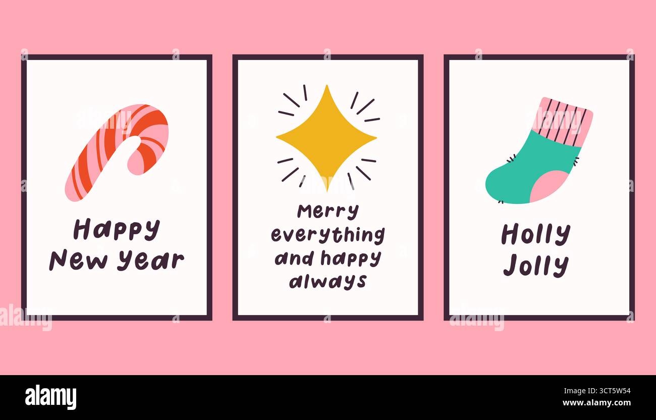 Sammlung von drei einfachen Neujahrs- und Weihnachtsplakaten. Trendige Winter Vektor Poster Set mit Zitaten. Handgezeichnete Kuschelplakate für Wohnkultur Stock Vektor